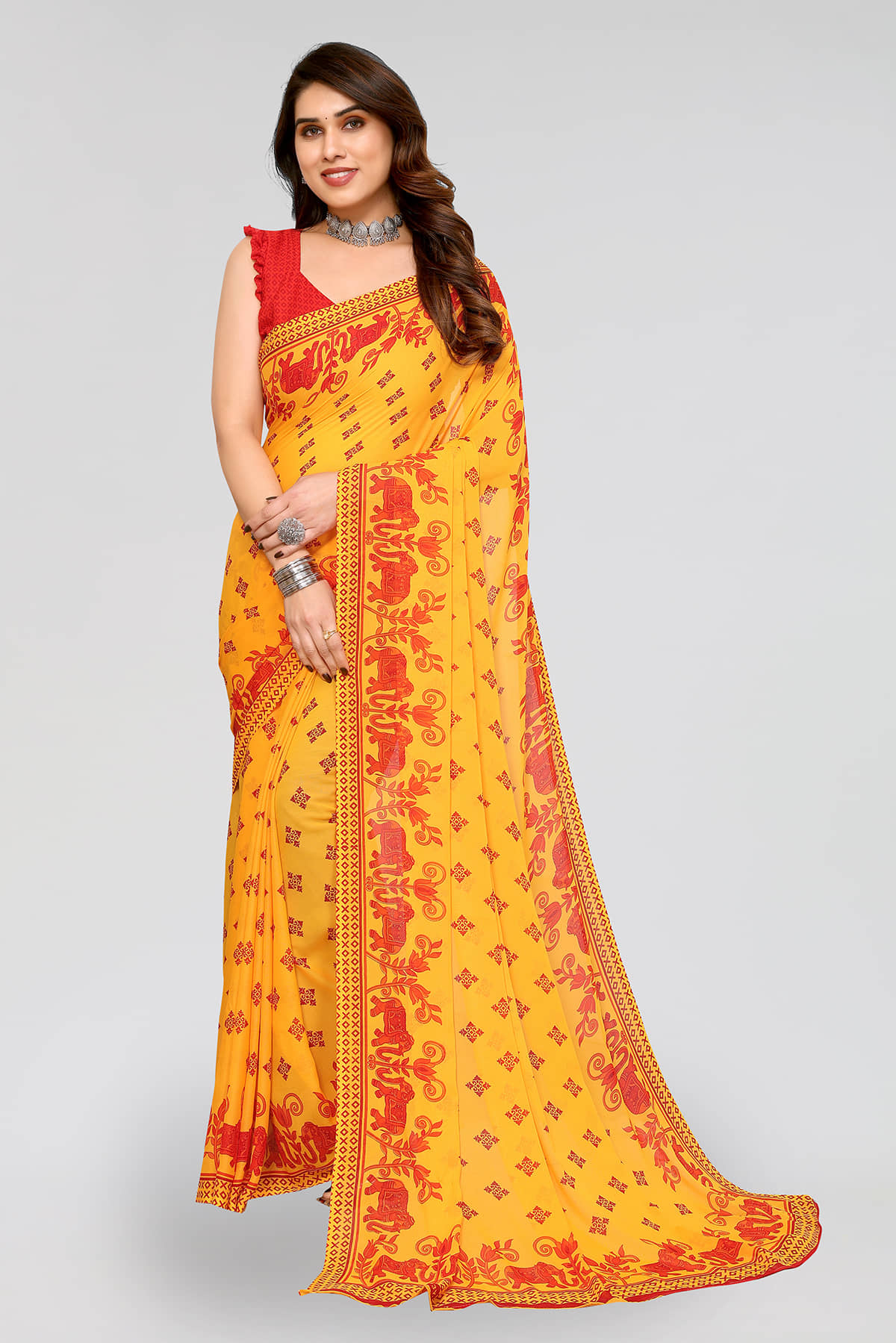 ANAND SAREES Georgette Printed Saree With Unstitched Blouse Piece ( Yellow ) - Sarees | Buy online on ZillyBuy