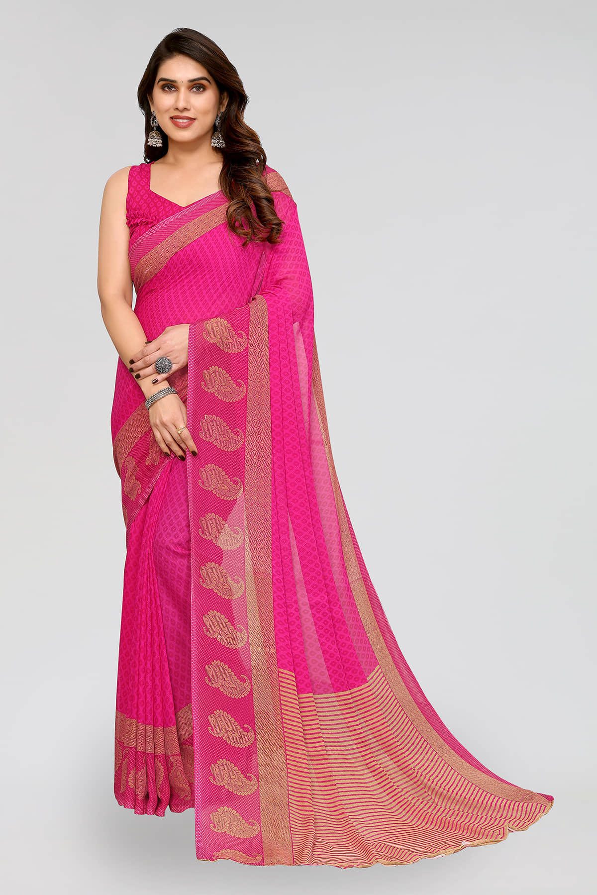 ANAND SAREES Georgette Printed Saree With Unstitched Blouse Piece ( Pink ) - Sarees | Buy online on ZillyBuy