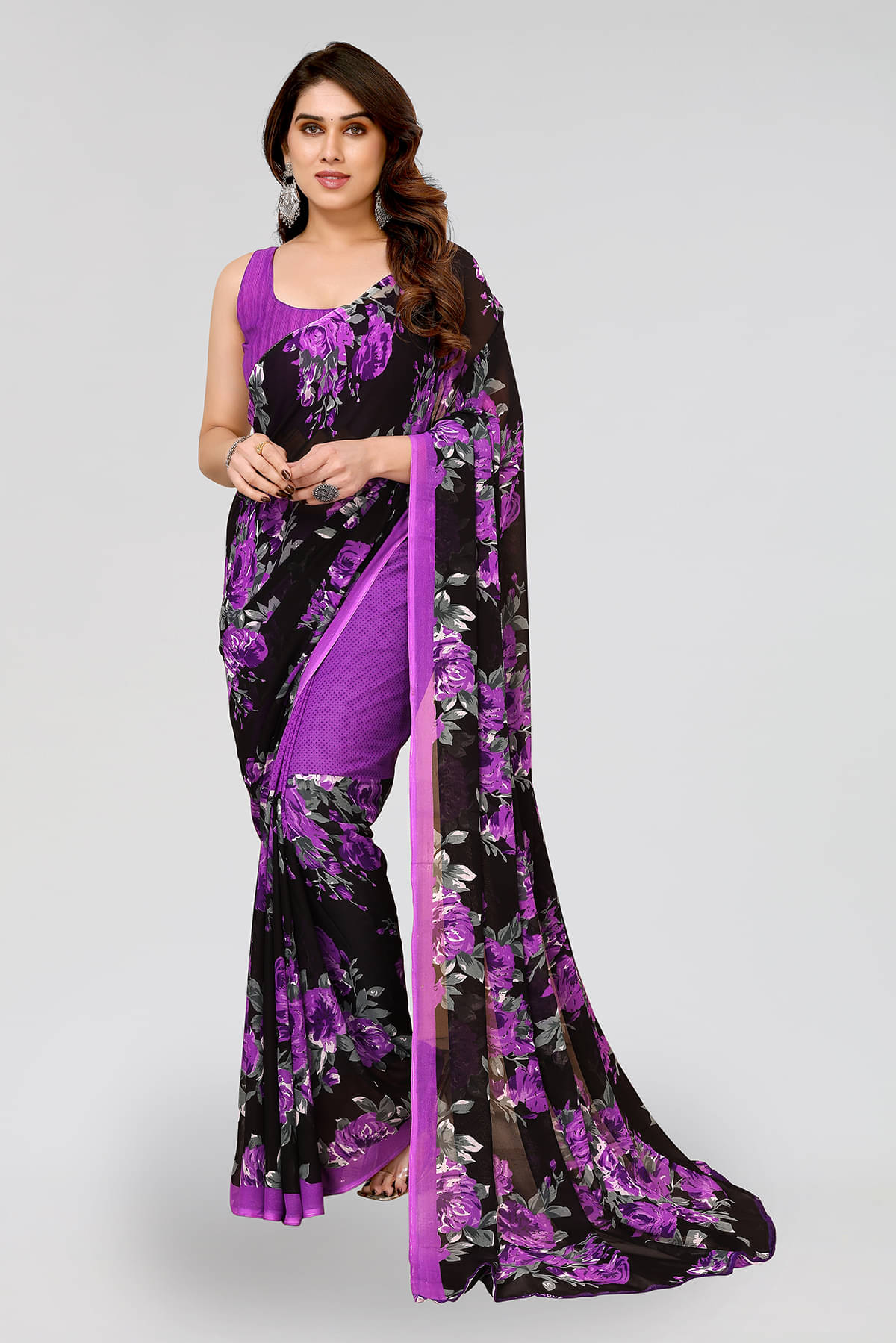 ANAND SAREES Georgette Printed Saree With Unstitched Blouse Piece ( Purple ) ANAND SAREES Georgette Printed Saree With Unstitched Blouse Piece ( Purple )