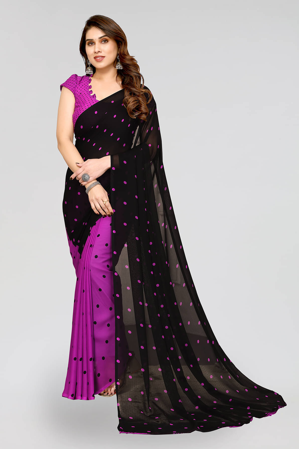 ANAND SAREES Georgette Printed Saree With Unstitched Blouse Piece ( Purple ) ANAND SAREES Georgette Printed Saree With Unstitched Blouse Piece ( Purple )