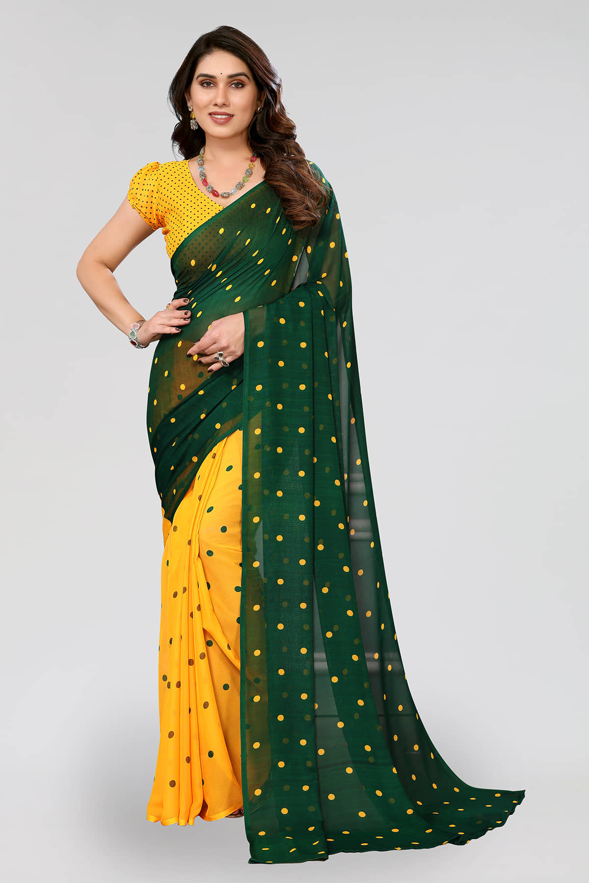 ANAND SAREES Georgette Printed Saree With Unstitched Blouse Piece ( Yellow ) - Sarees | Buy online on ZillyBuy