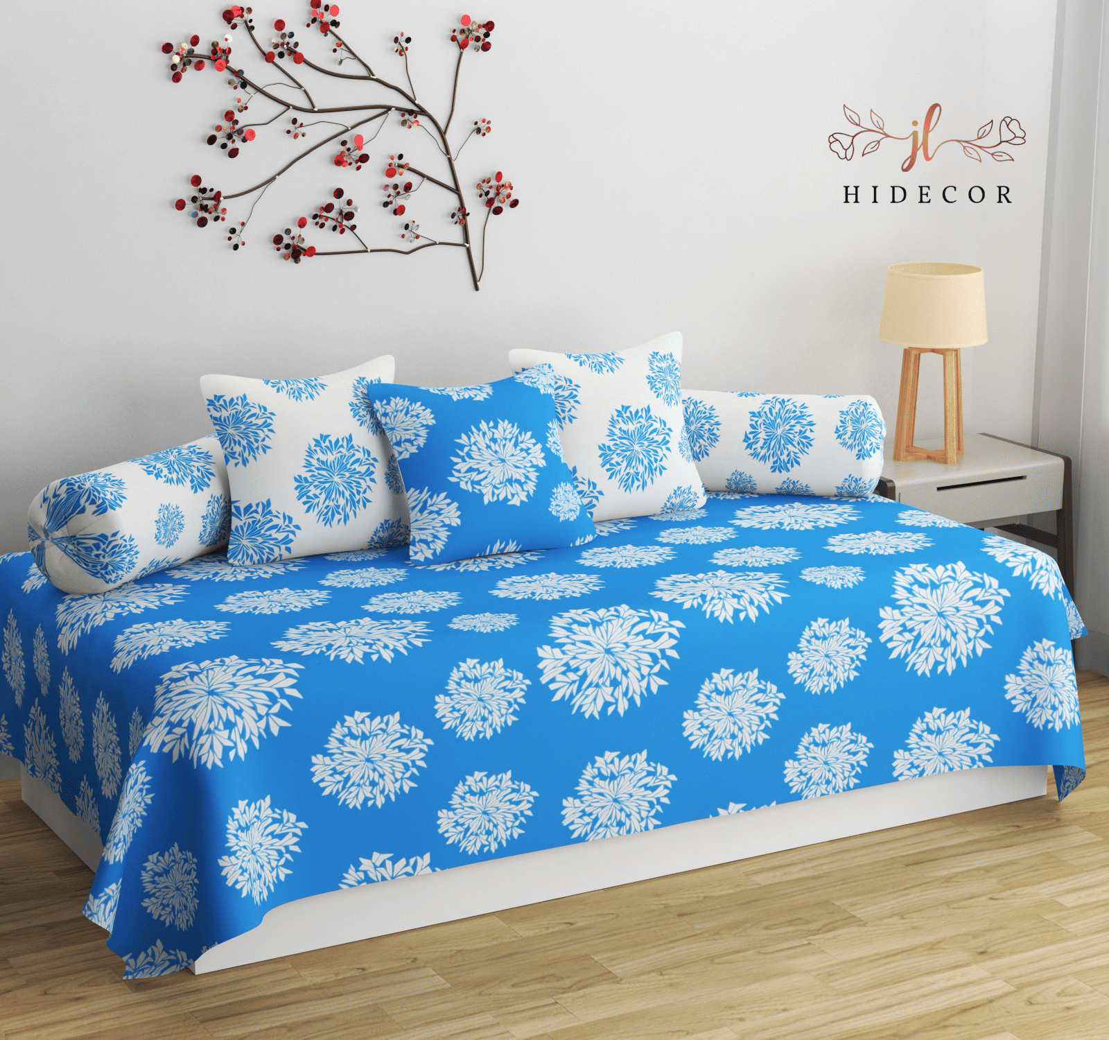     			HIDECOR Microfibre Polka Dots Diwan Set 6 Pcs - Blue