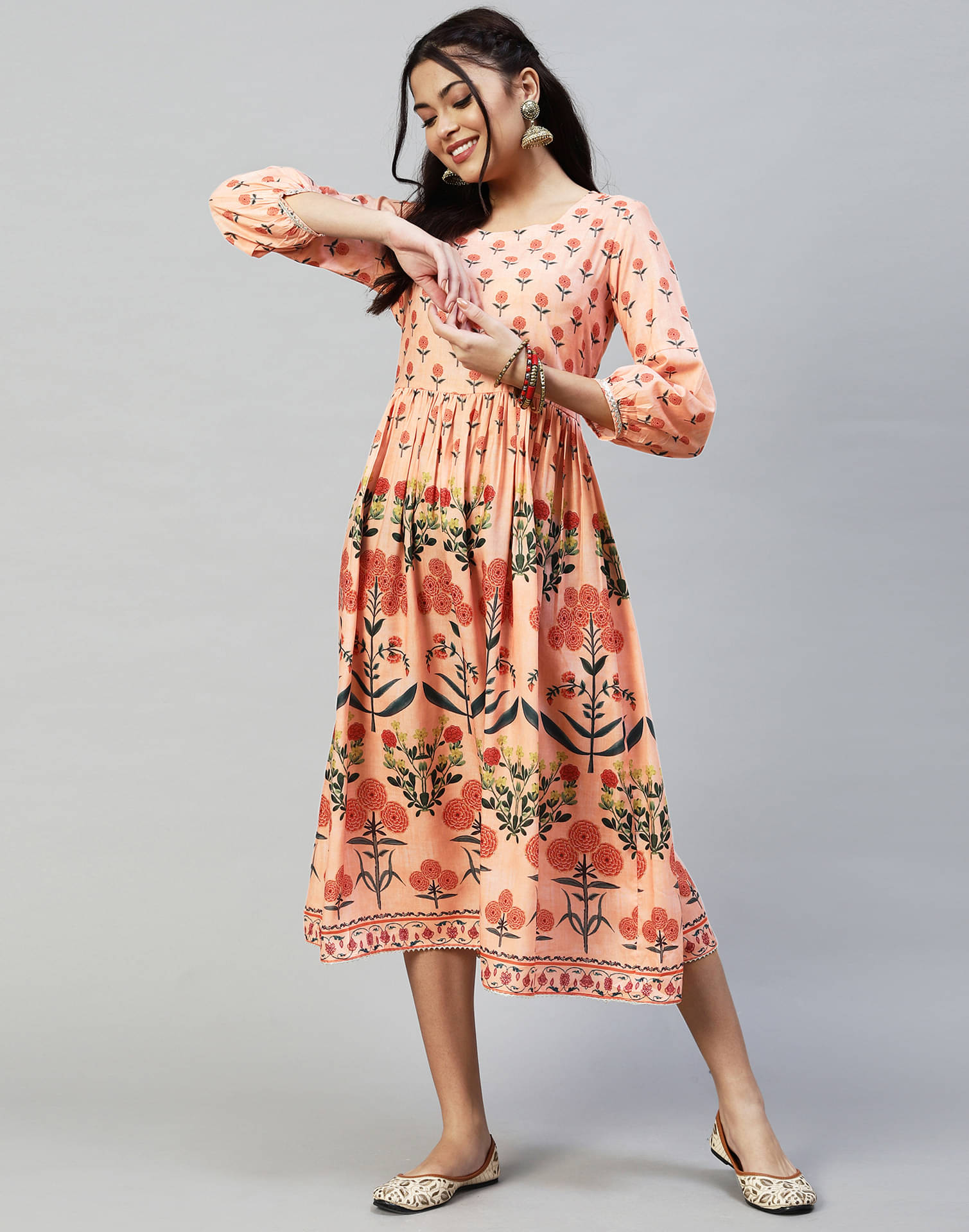     			Skylee Silk Blend Printed A-line Women's Kurti - Peach ( Pack of 1 )