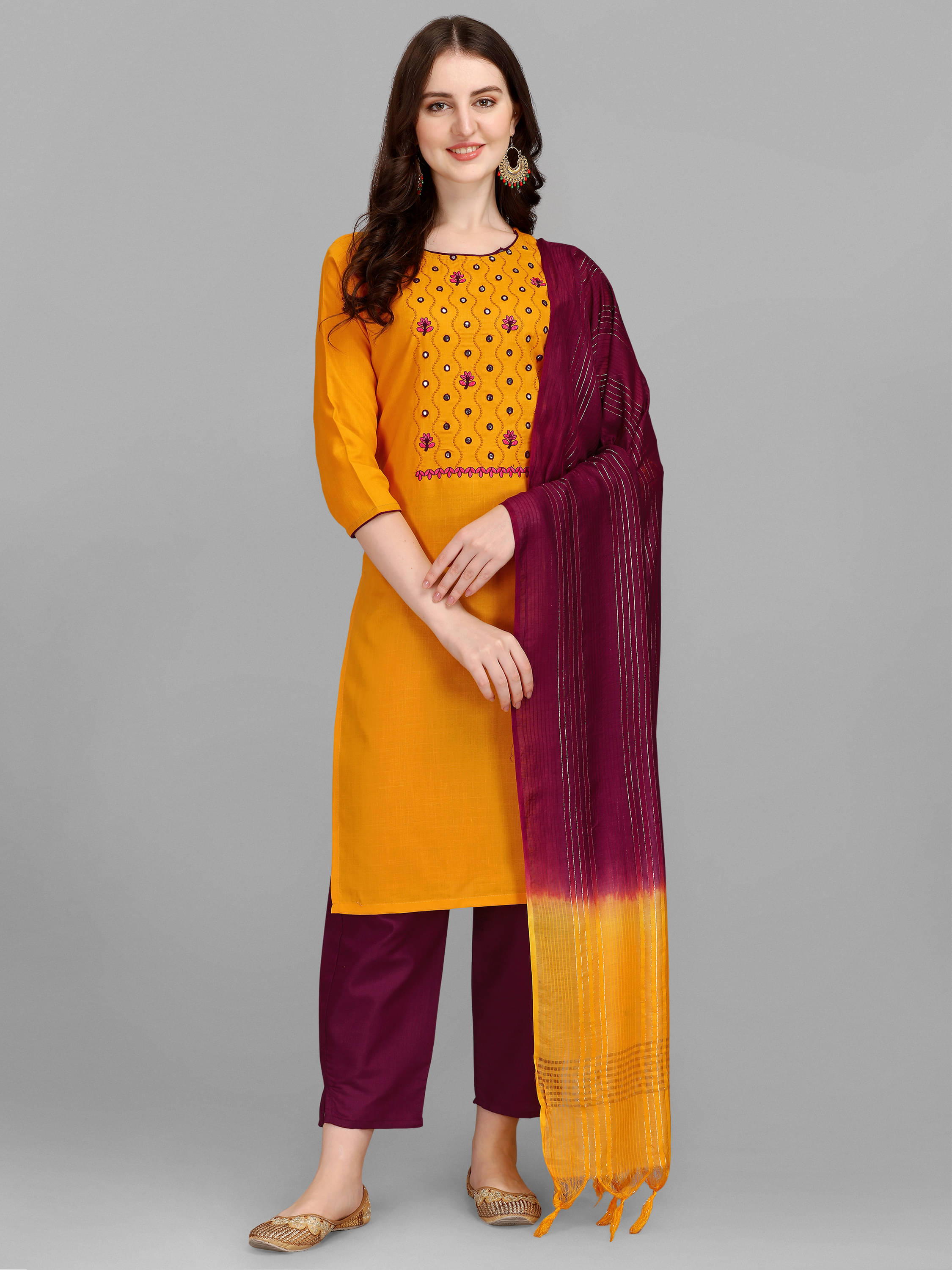 gufrina Cotton Embroidered Kurti With Pants Women's Stitched Salwar Suit - Yellow ( Pack of 1 )     			gufrina Cotton Embroidered Kurti With Pants Women's Stitched Salwar Suit - Yellow ( Pack of 1 )