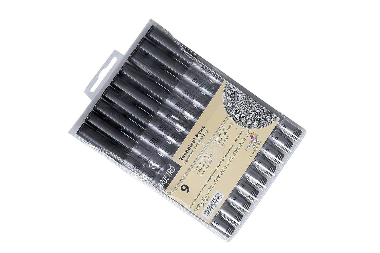BRUSTRO Technical Pen (Set of 9) (Includes: 1 each of 0.05mm; 0.1mm; 0.2mm; 0.3mm; 0.4mm; 0.5mm; 0.6mm; 0.8mm & Brush.)