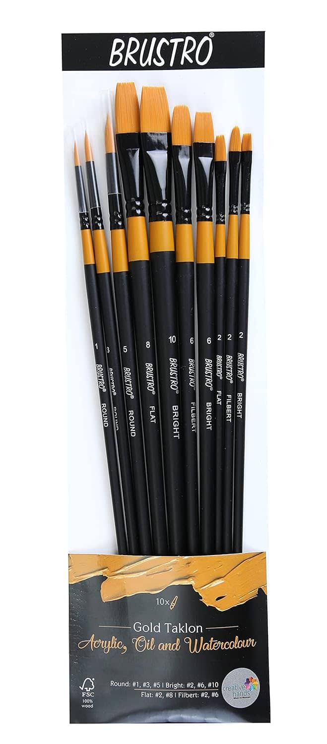 Brustro Artists Gold Taklon Set Of 10 Brushes For Acrylics, Oil And Watercolour