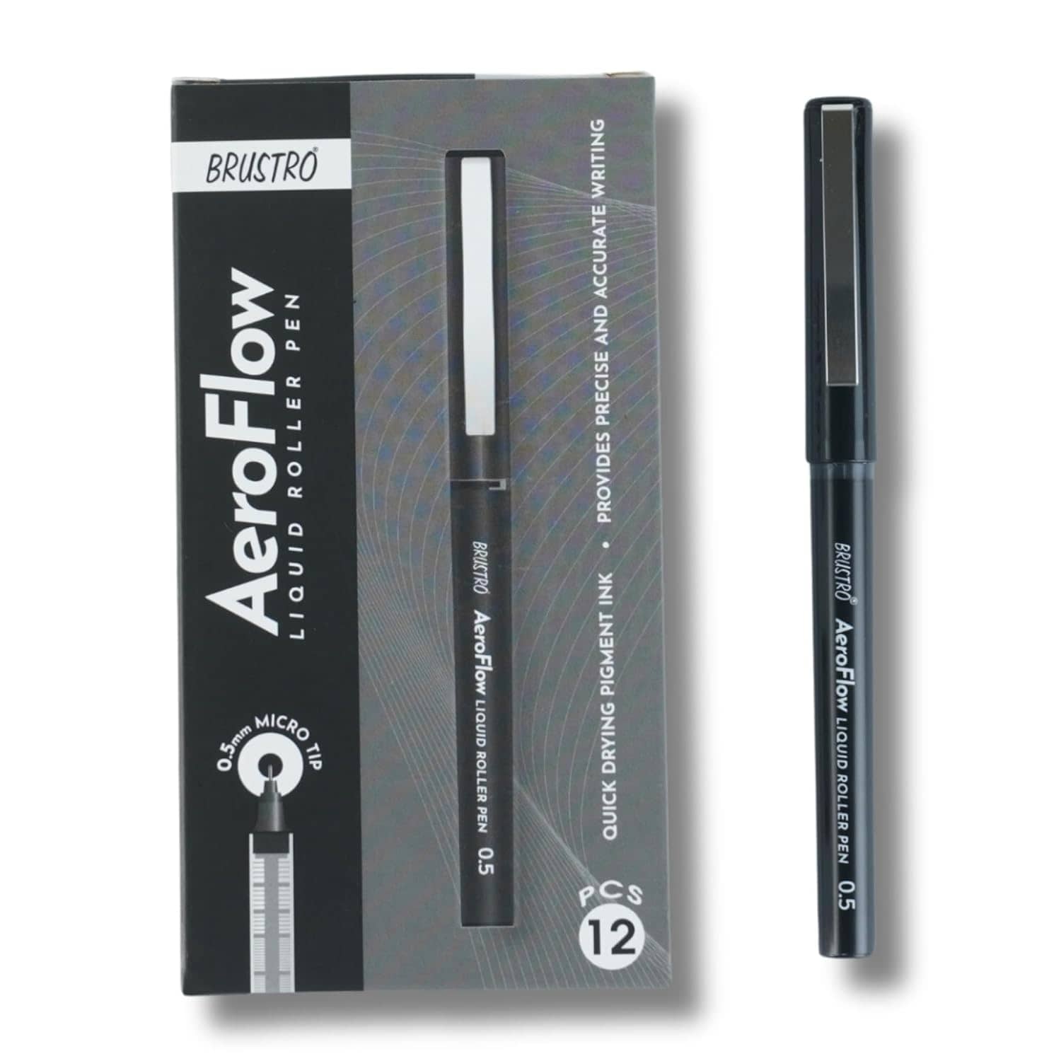 BRUSTRO AeroFlow Liquid Ink Rollerball Pens 0.5 Micro Tip Set of 12 (Classic Black Ink)
