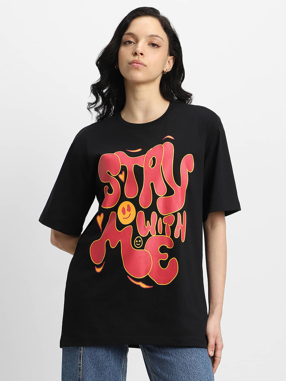 JUNEBERRY Women Cotton Printed Oversized Fit Round Neck T-Shirt ( Black ) JUNEBERRY Women Cotton Printed Oversized Fit Round Neck T-Shirt ( Black )