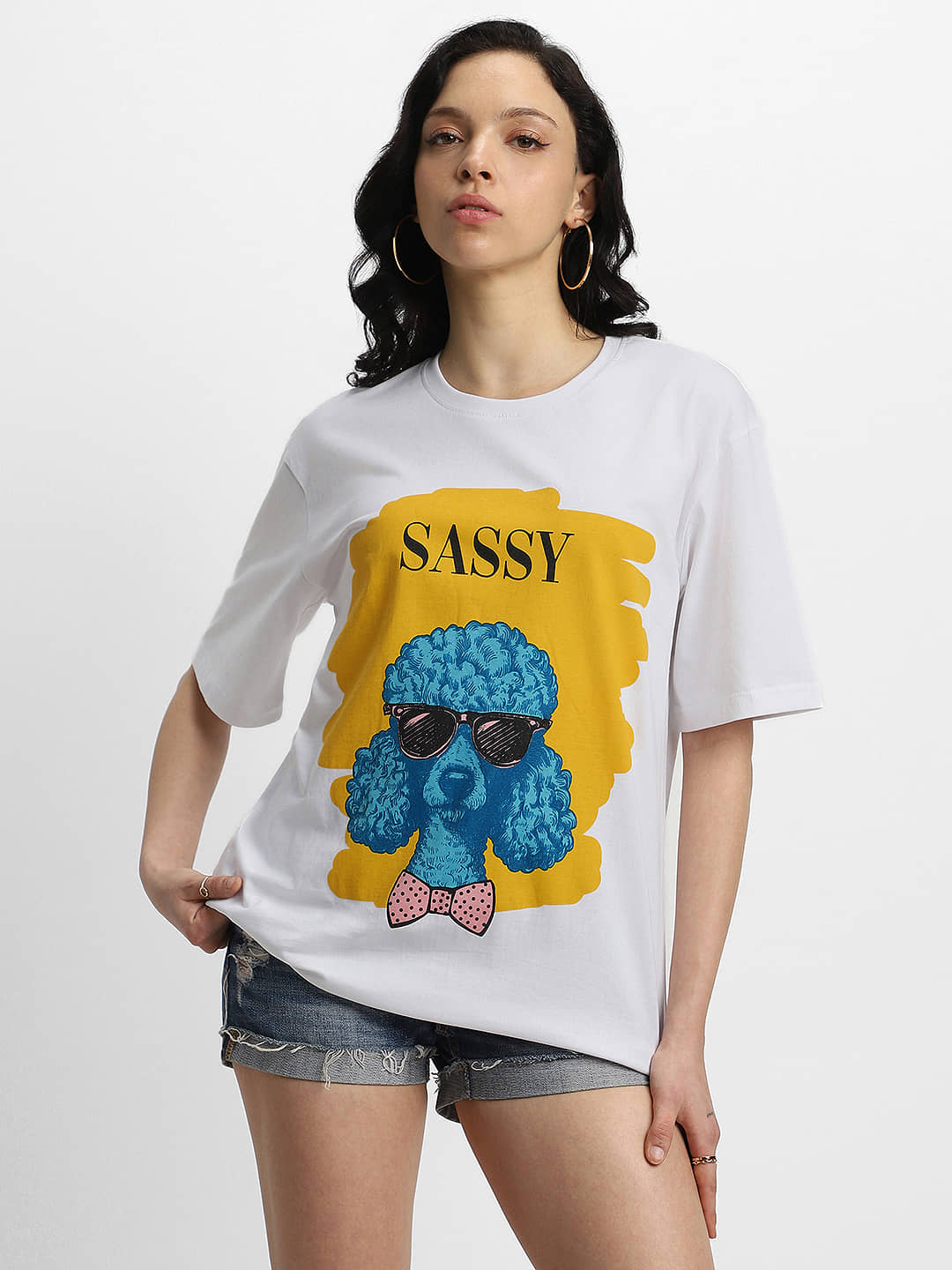 JUNEBERRY Women Cotton Printed Oversized Fit Round Neck T-Shirt ( White )
