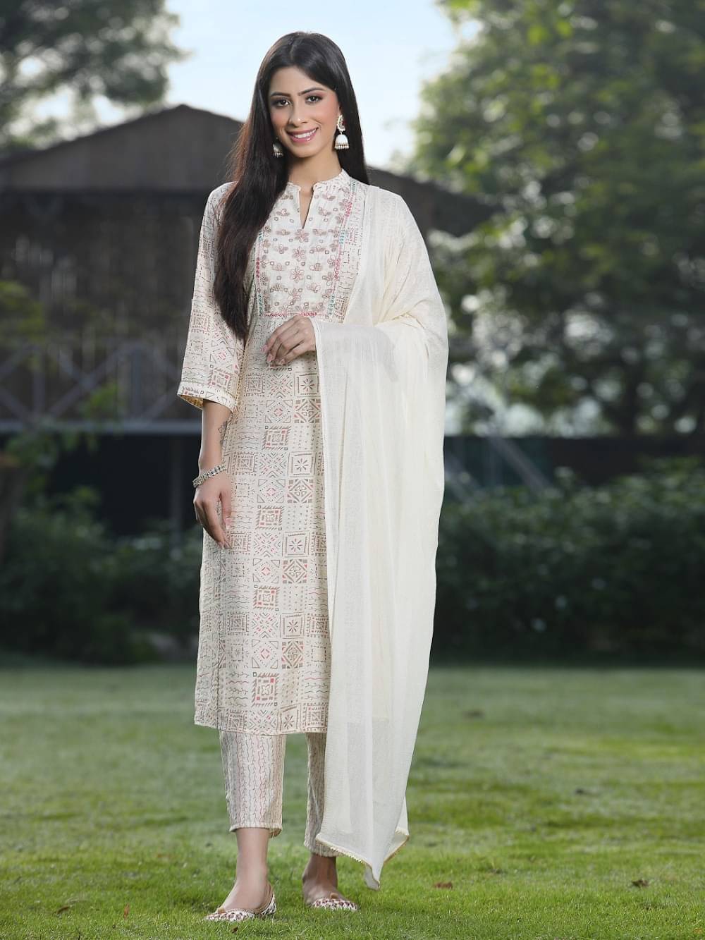     			Juniper Cotton Printed Kurti With Pants Women's Stitched Salwar Suit - Off White ( Pack of 1 )