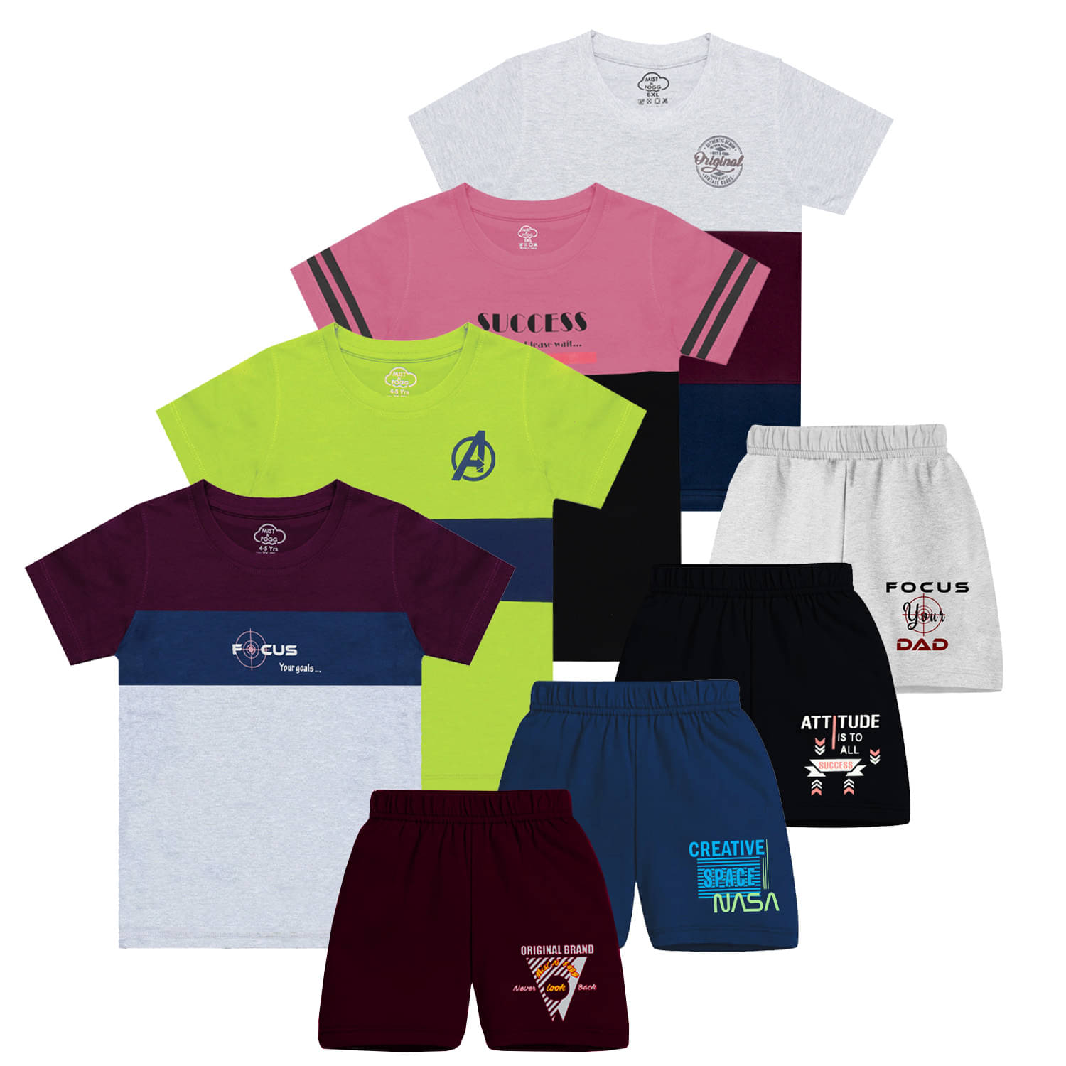     			MIST N FOGG Pack of 4 Boys Cotton T-Shirt & Shorts Set ( Maroon )