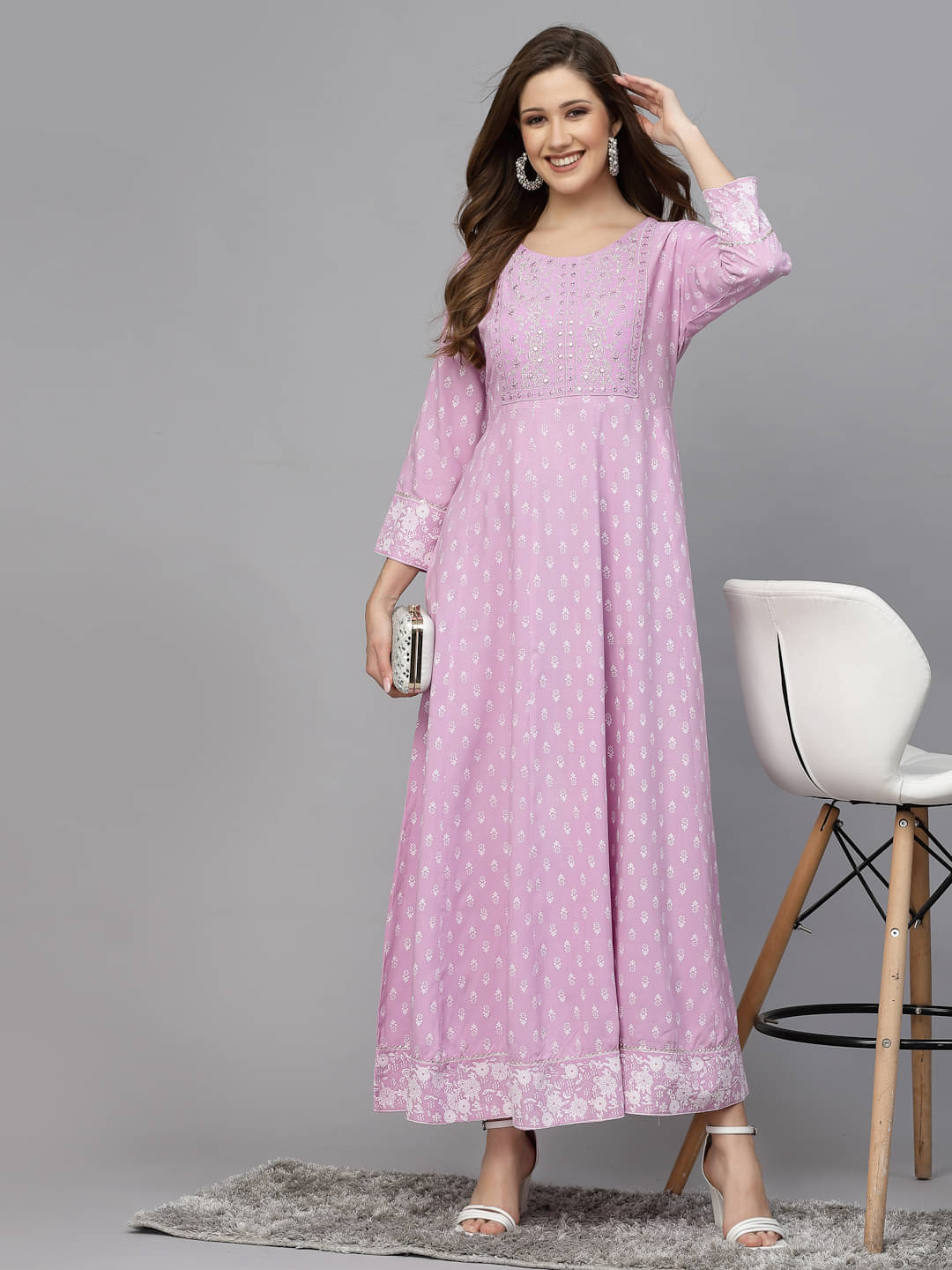     			Stylum Rayon Printed Anarkali Women's Kurti - Lavender ( Pack of 1 )
