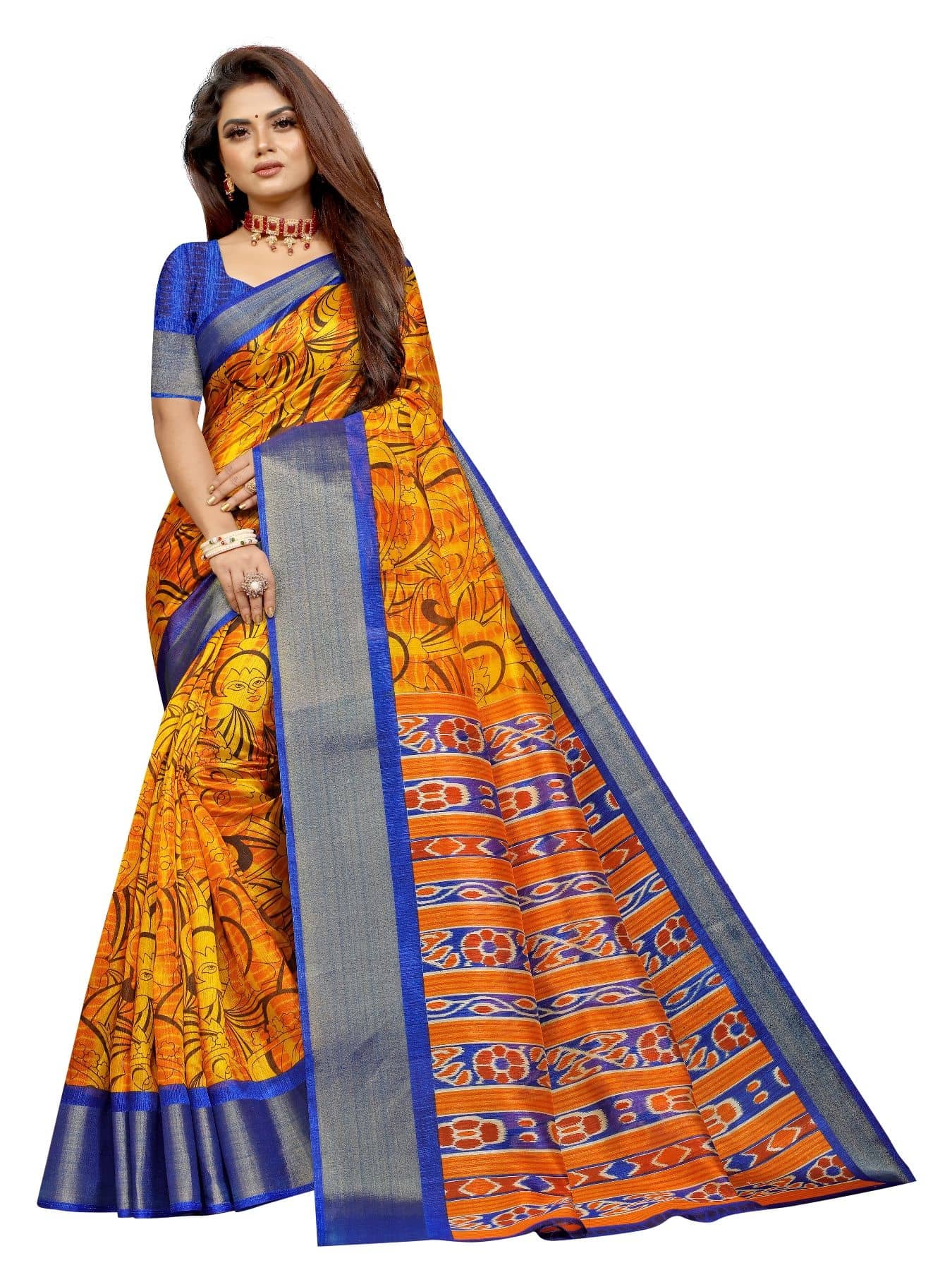 Aardiva Cotton Silk Printed Saree With Unstitched Blouse Piece ( Yellow ) - Sarees | Buy online on ZillyBuy