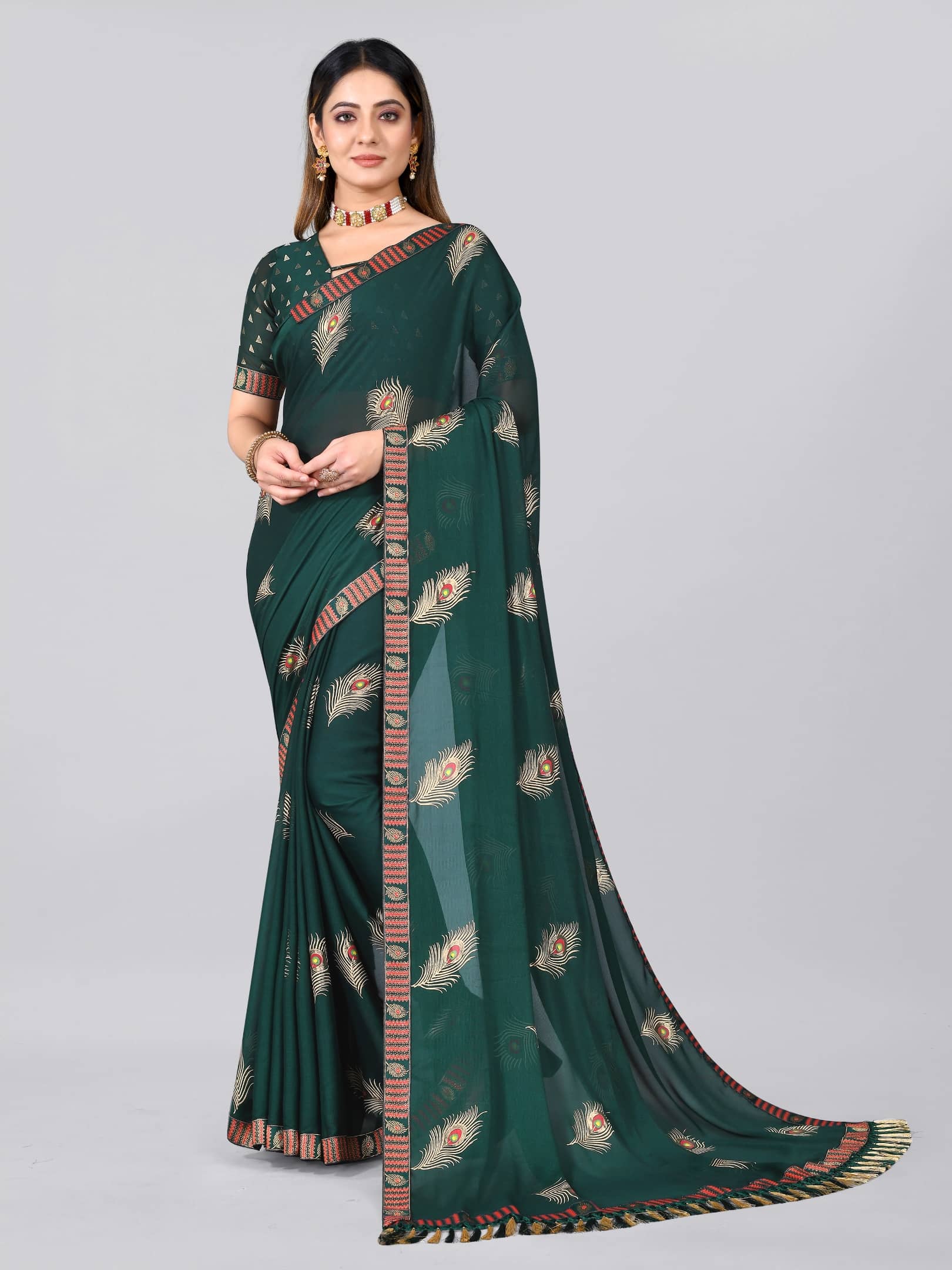 Aardiva Georgette Printed Saree With Unstitched Blouse Piece ( Green ) - Sarees | Buy online on ZillyBuy
