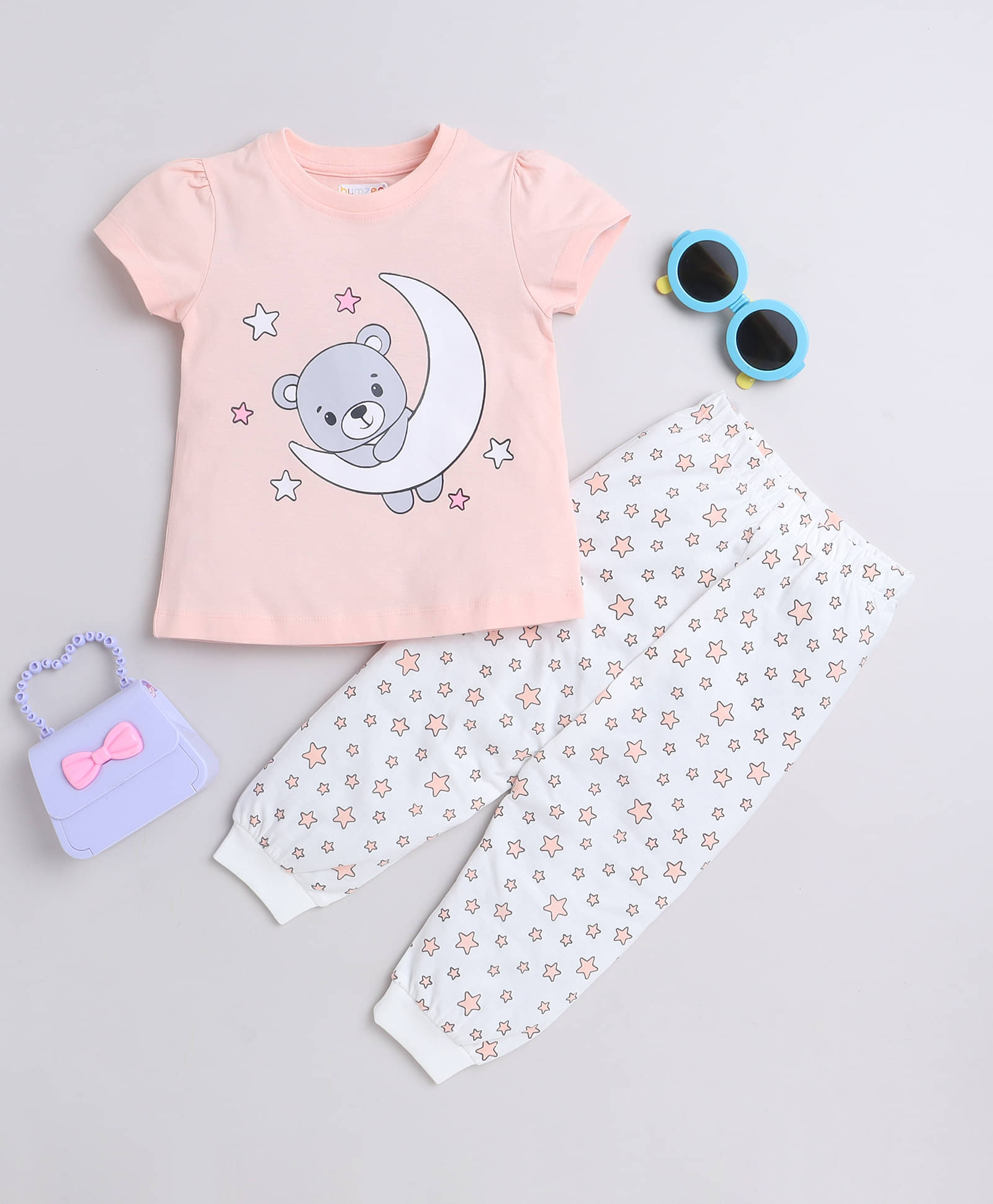     			BUMZEE Single Baby Girls 100% Cotton Tshirt & Pajama set ( Peach )