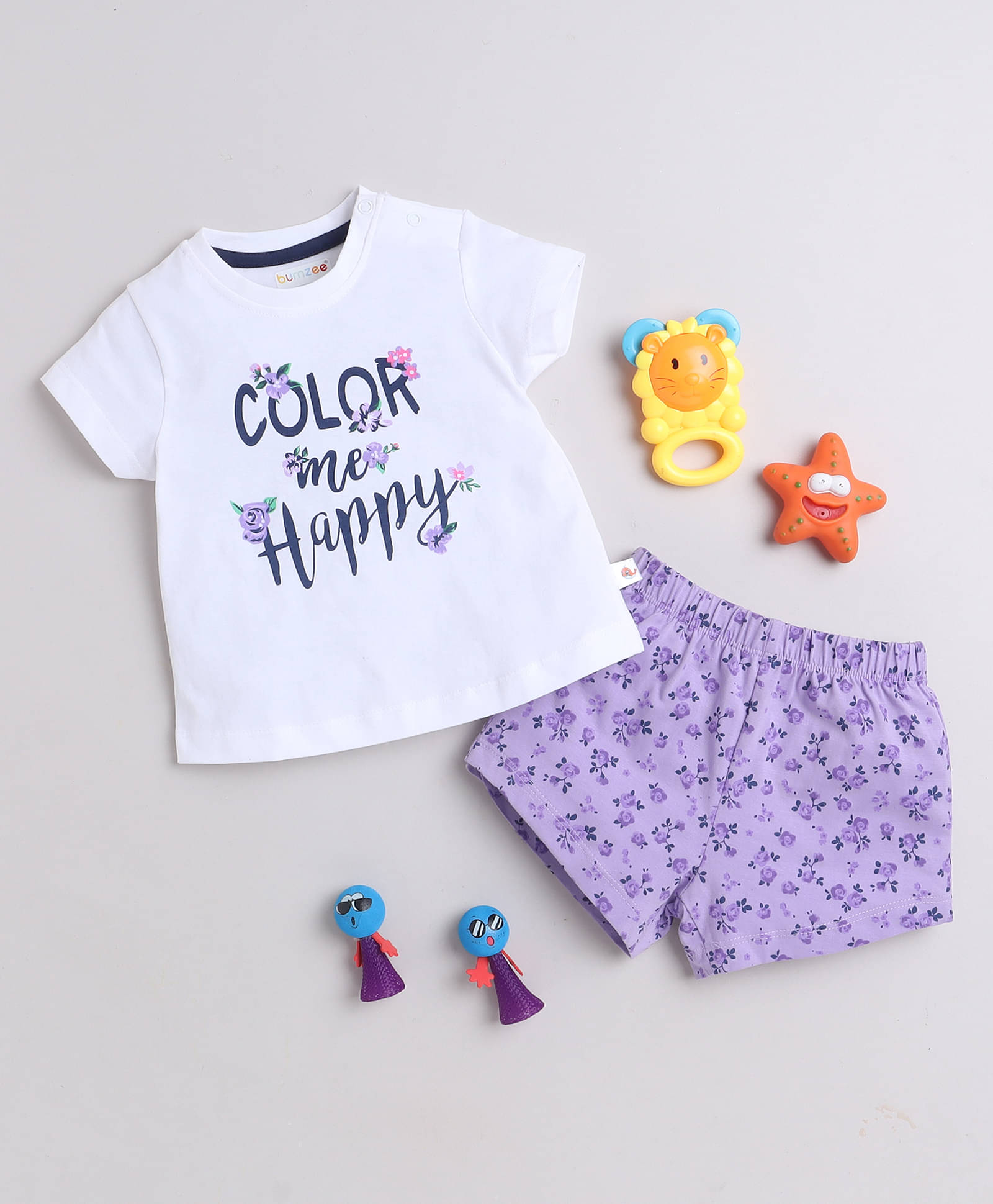     			BUMZEE Single Baby Girls 100% Cotton Tshirt & Short set ( White )
