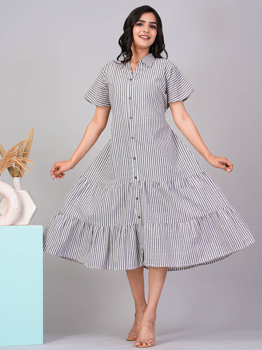     			Flamboyant Cotton Striped Knee Length Women's Shirt Dress - Black ( Pack of 1 )
