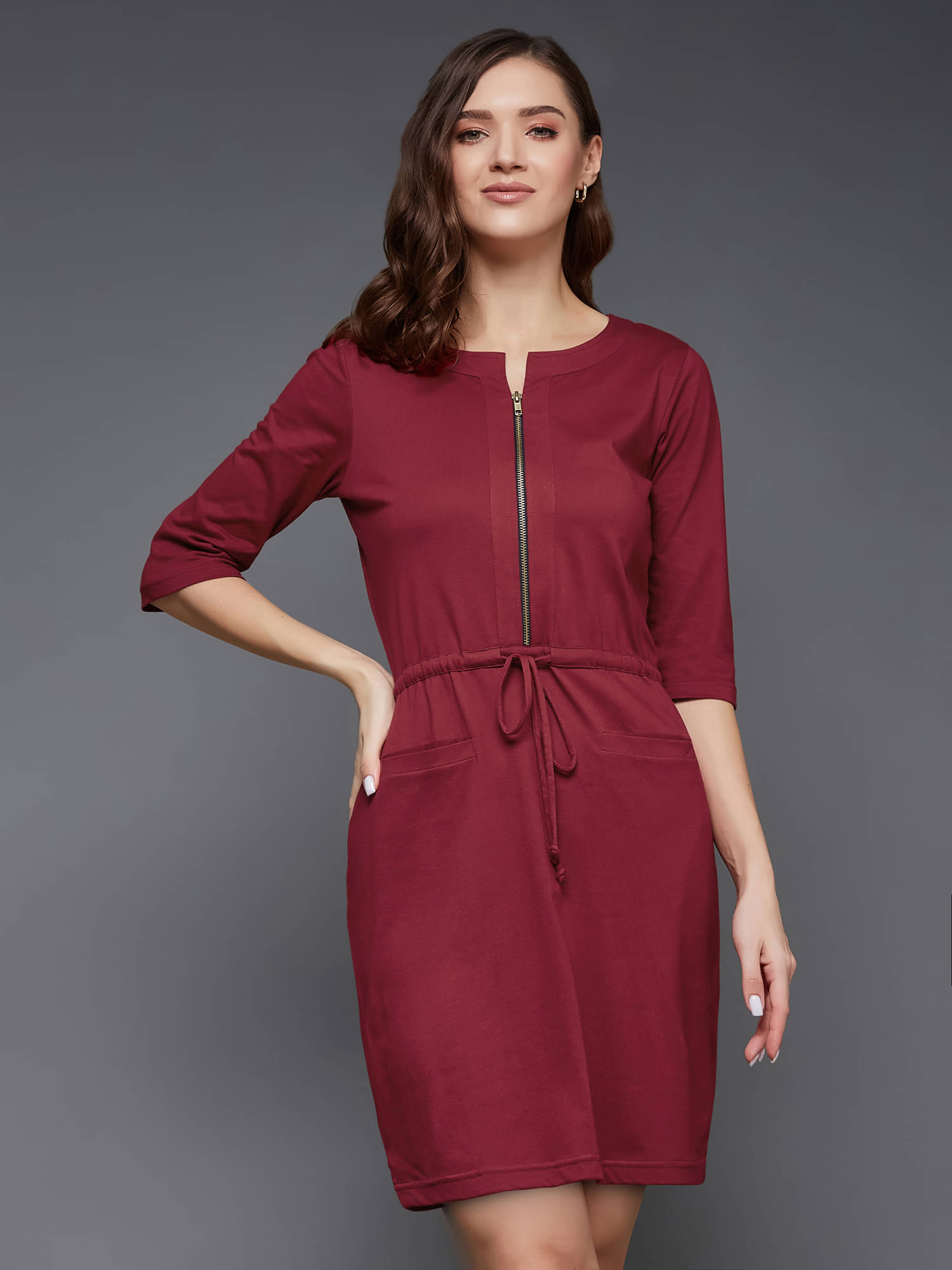 Miss Chase Women Cotton Blend Solid Shift Dress ( Maroon ) Miss Chase Women Cotton Blend Solid Shift Dress ( Maroon )