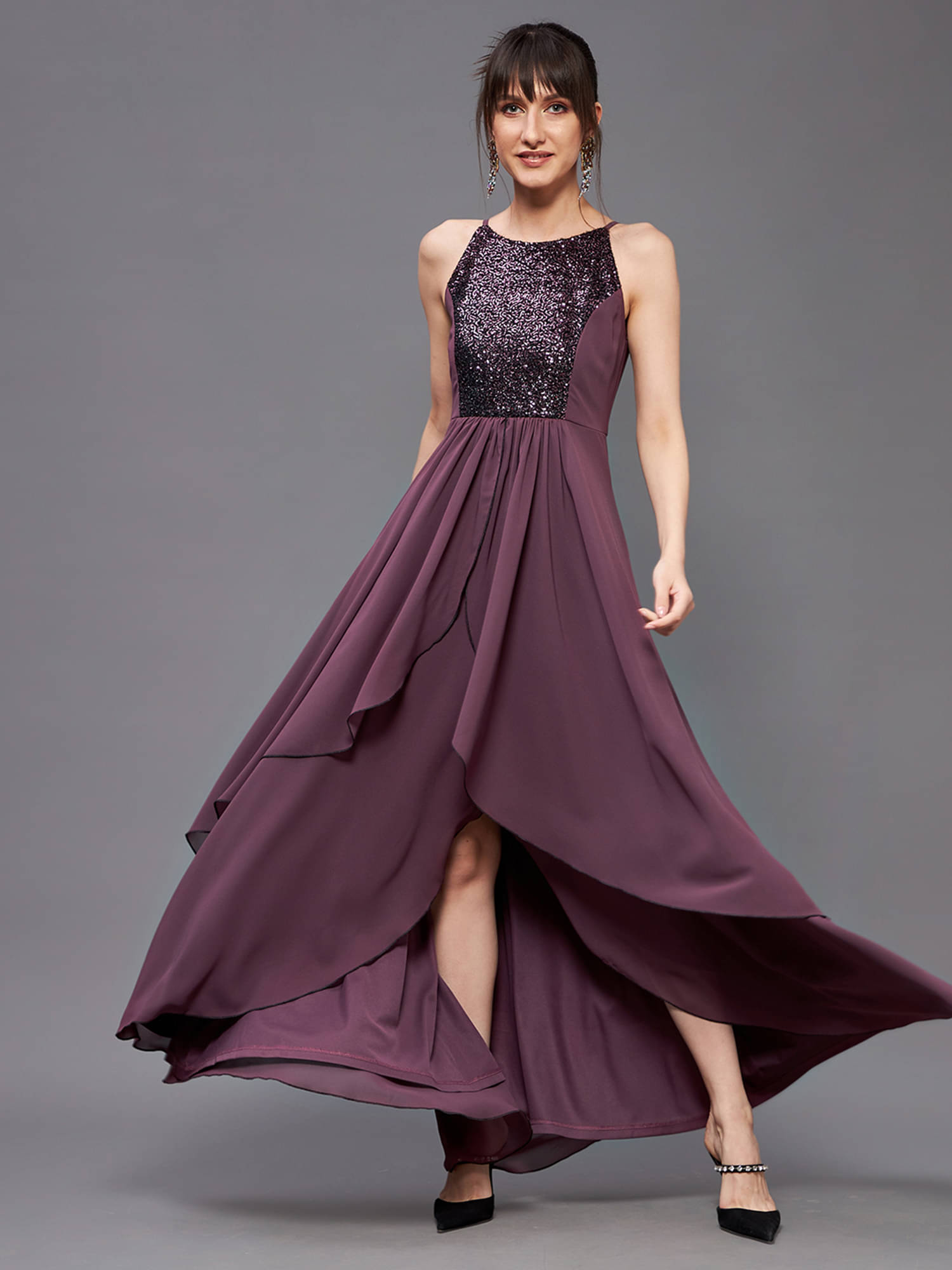 Miss Chase Women Georgette Embellished Asymmetric Dress ( Mauve ) Miss Chase Women Georgette Embellished Asymmetric Dress ( Mauve )