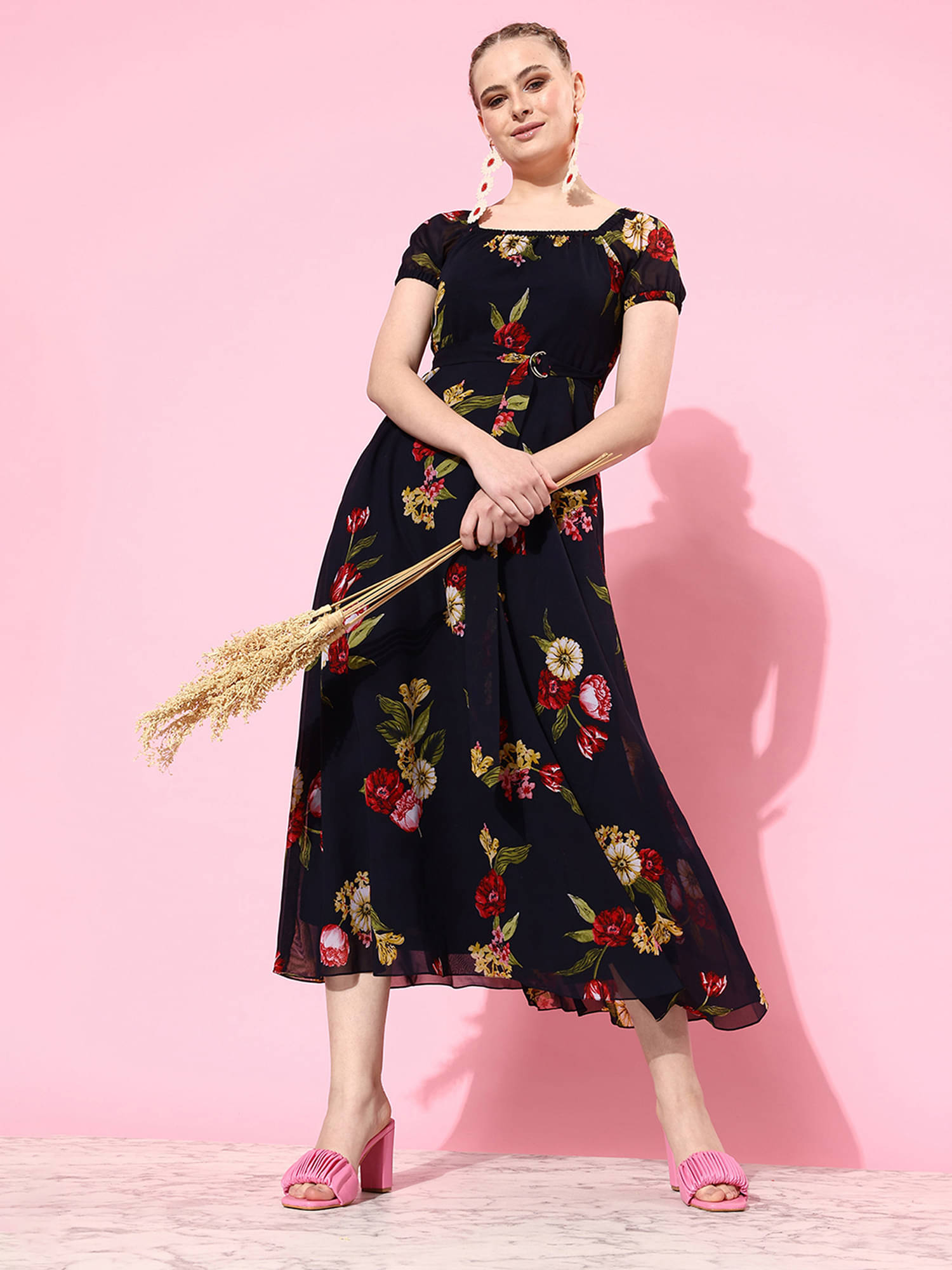 Miss Chase Women Georgette Printed Fit & Flare Dress ( Navy ) Miss Chase Women Georgette Printed Fit & Flare Dress ( Navy )
