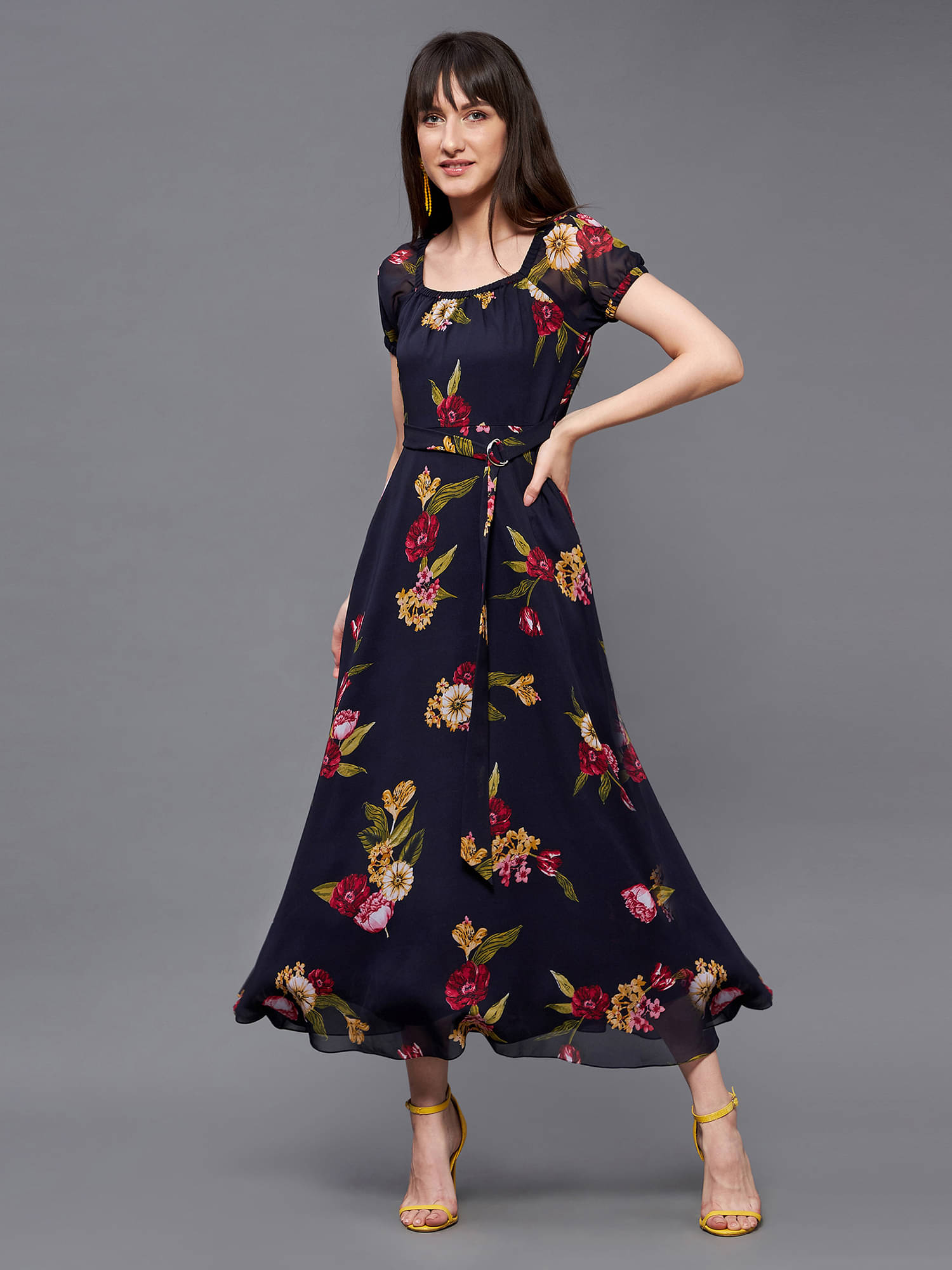     			Miss Chase Women Georgette Printed Fit & Flare Dress ( Navy )