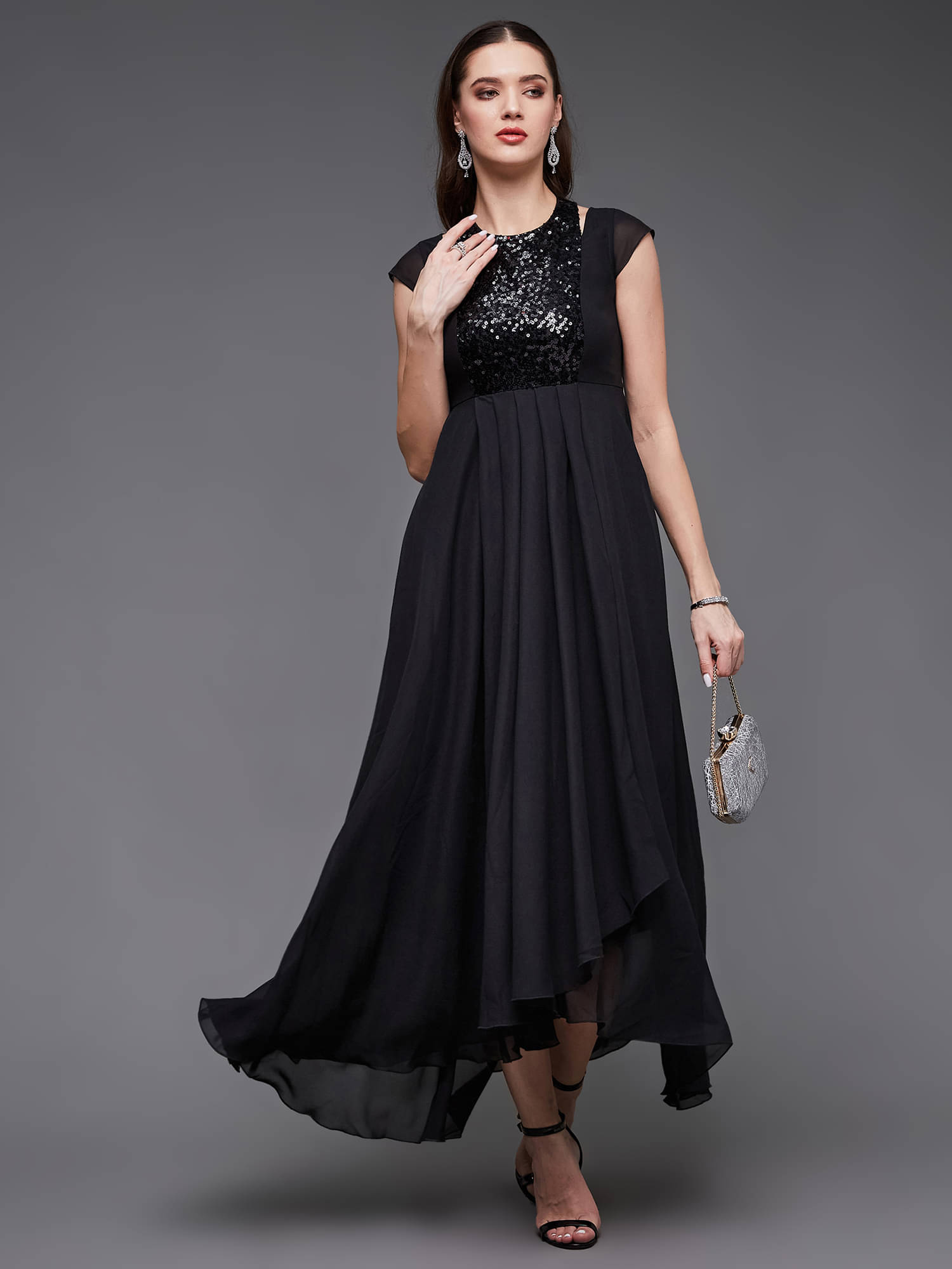 Miss Chase Women Georgette Solid Fit & Flare Dress ( Black ) Miss Chase Women Georgette Solid Fit & Flare Dress ( Black )