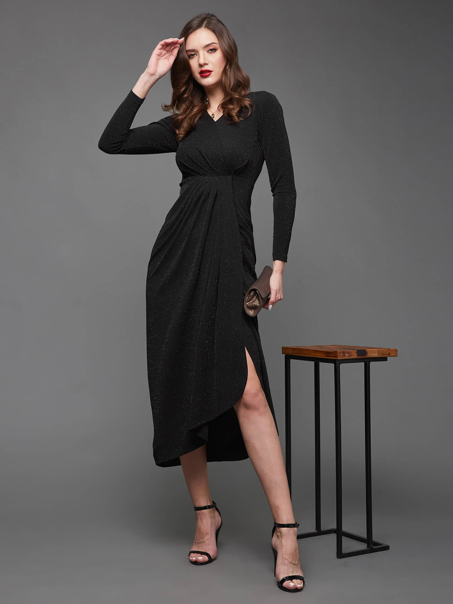 Miss Chase Women Polyester Self Design Wrap Dress ( Black )     			Miss Chase Women Polyester Self Design Wrap Dress ( Black )
