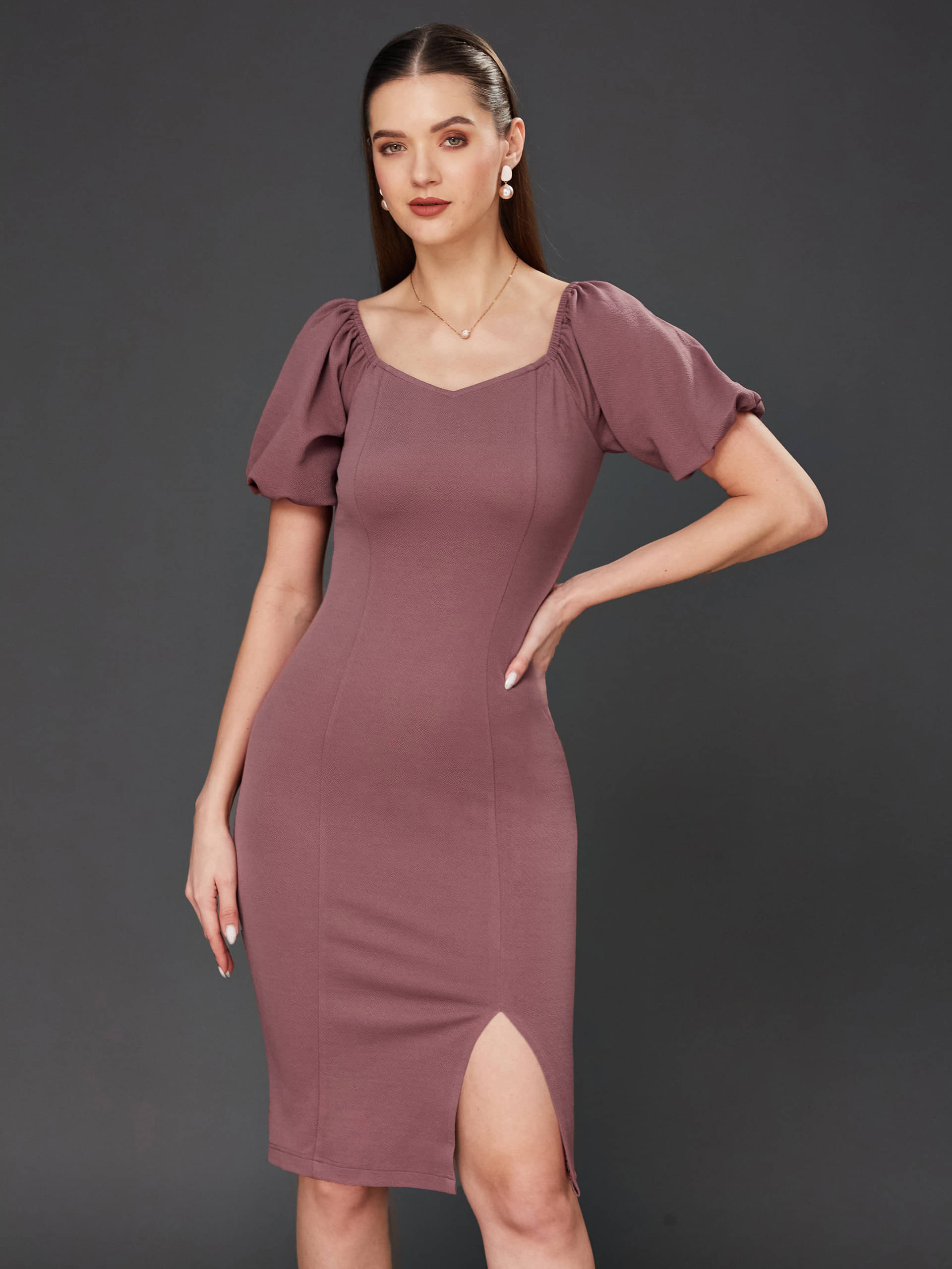 Miss Chase Women Polyester Solid Bodycon Dress ( Mauve ) Miss Chase Women Polyester Solid Bodycon Dress ( Mauve )
