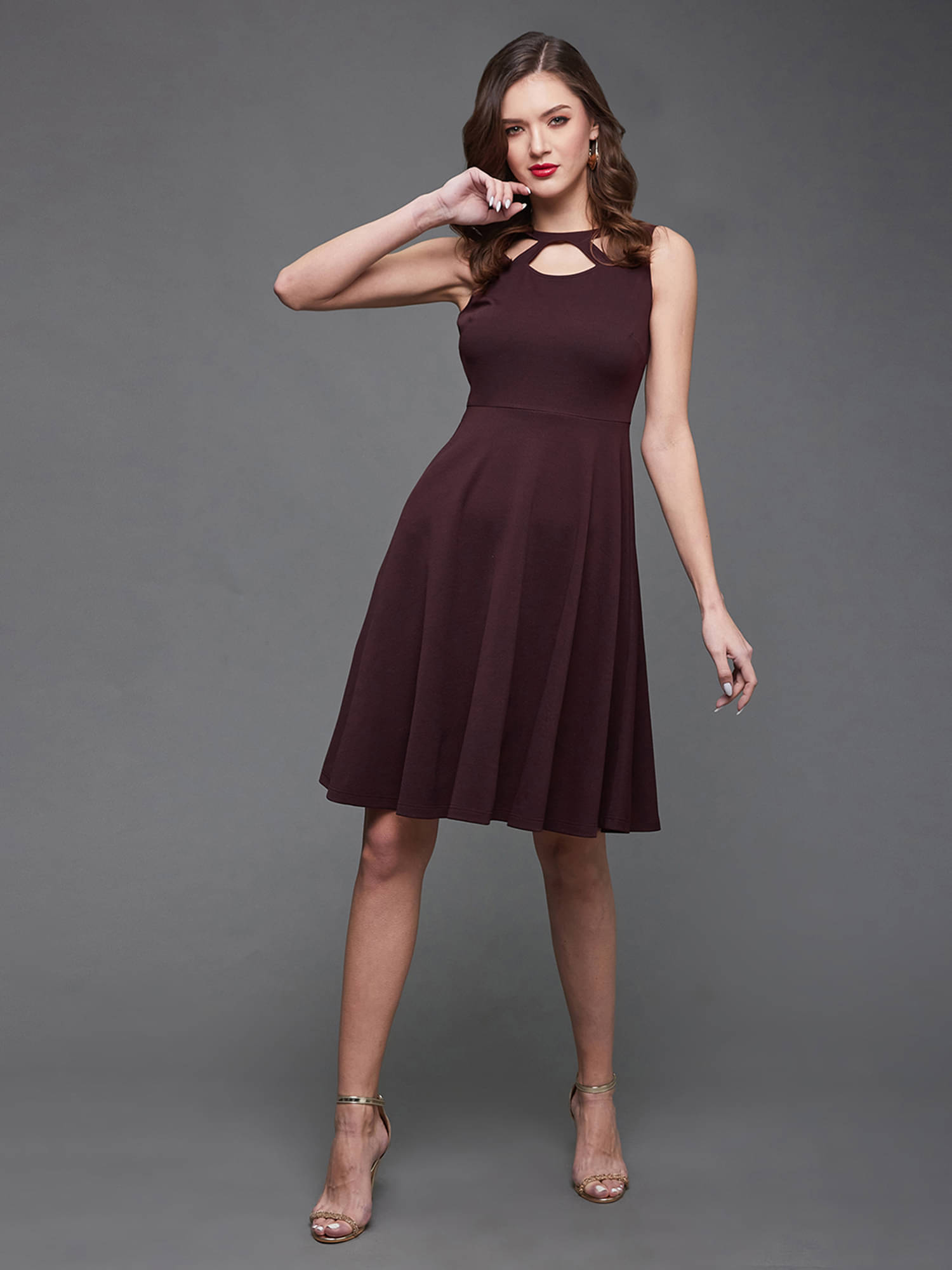     			Miss Chase Women Polyester Solid Fit & Flare Dress ( Wine )