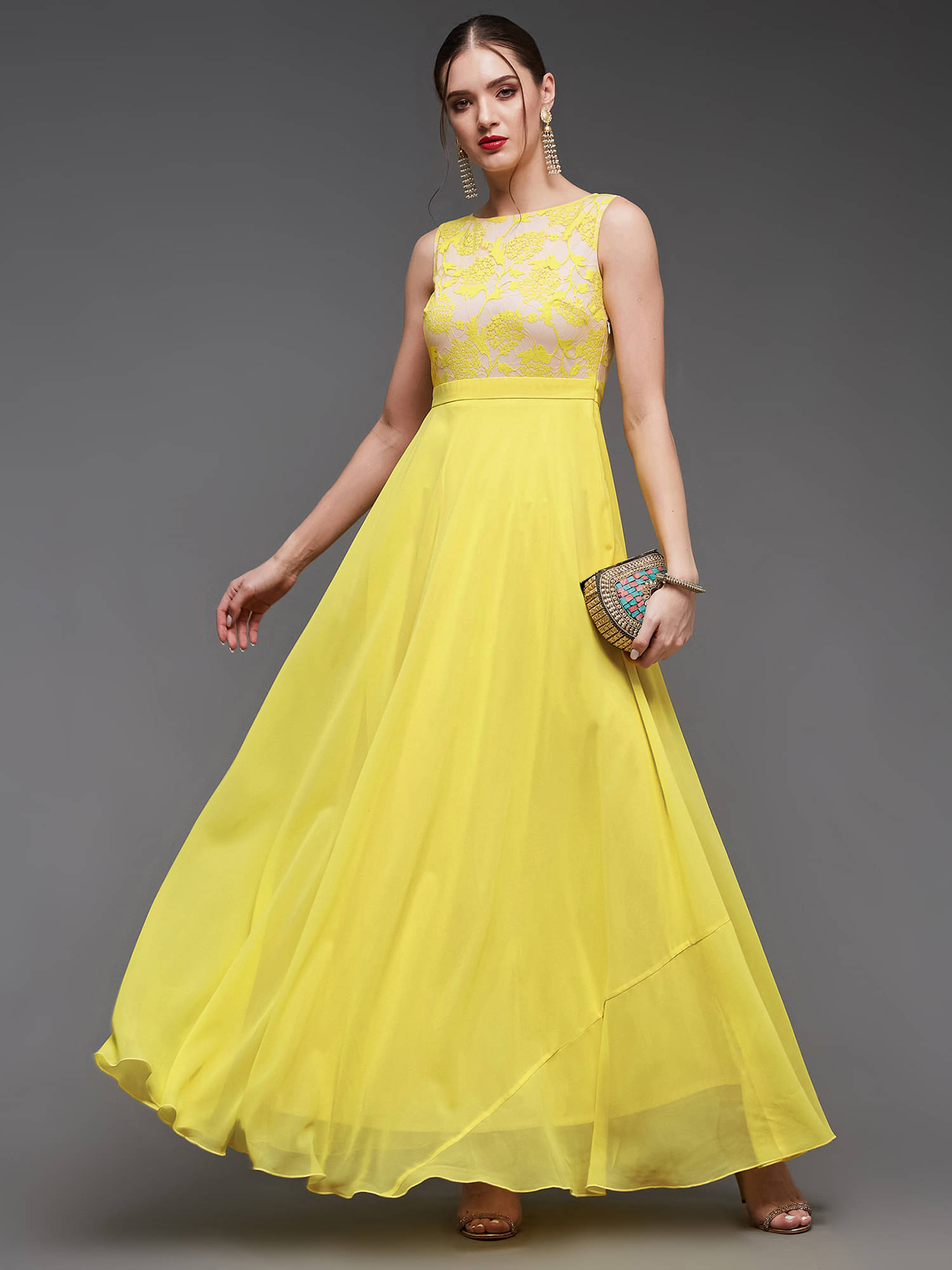 Miss Chase Women Georgette Printed Gown ( Yellow ) Miss Chase Women Georgette Printed Gown ( Yellow )
