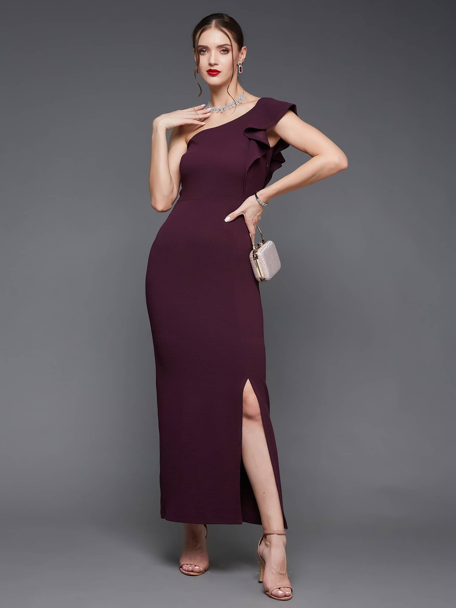 Miss Chase Polyester Solid Full Length Women's Side Slit Dress - Purple ( Pack of 1 ) Miss Chase Polyester Solid Full Length Women's Side Slit Dress - Purple ( Pack of 1 )