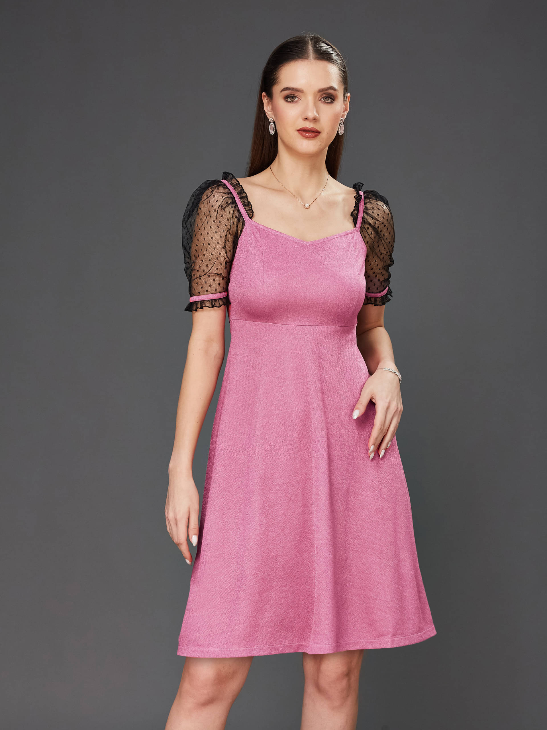 Miss Chase Women Polyester Solid Fit & Flare Dress ( Pink ) Miss Chase Women Polyester Solid Fit & Flare Dress ( Pink )