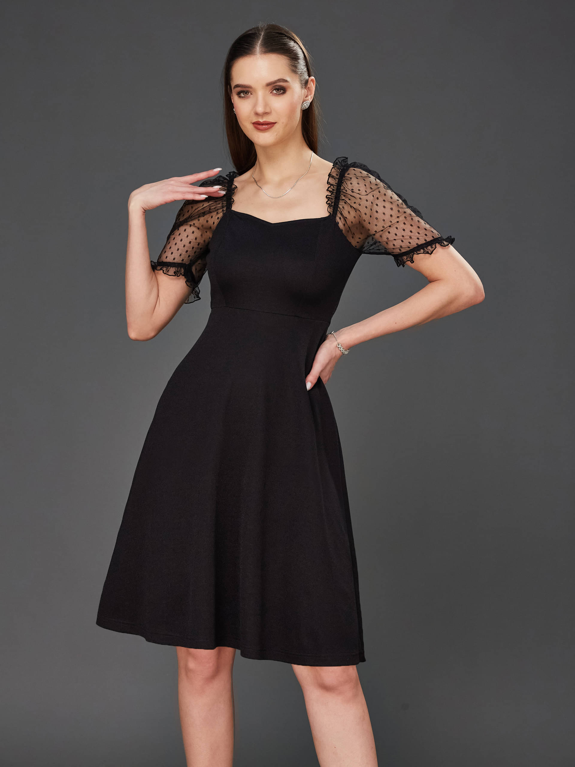 Miss Chase Women Polyester Solid Fit & Flare Dress ( Black ) Miss Chase Women Polyester Solid Fit & Flare Dress ( Black )