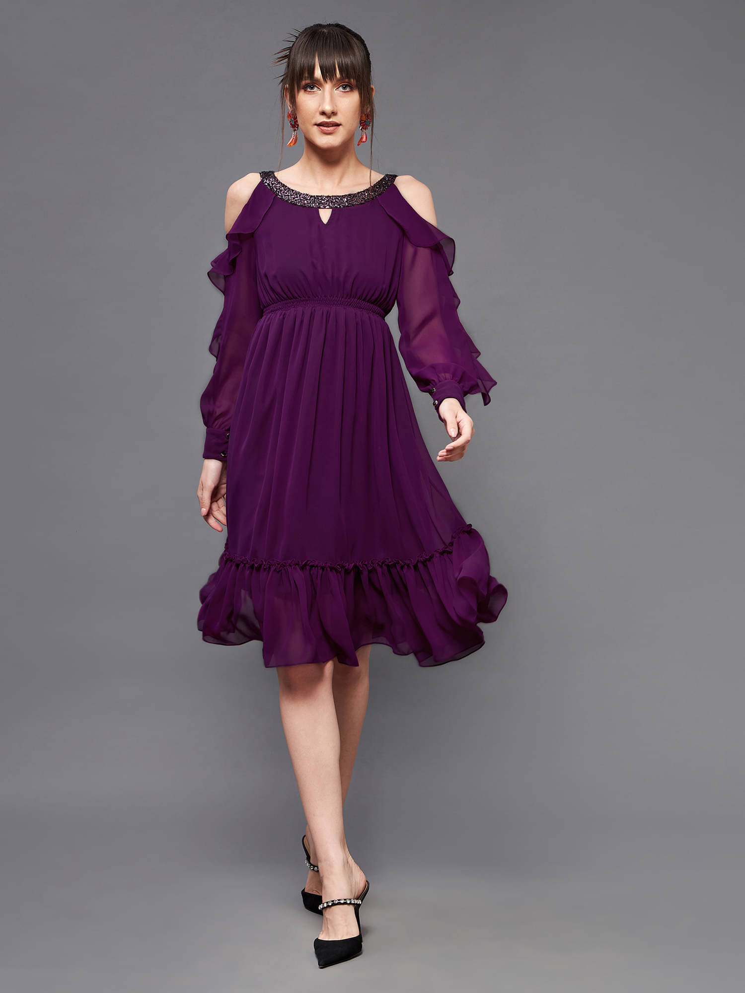     			Miss Chase Women Polyester Solid Fit & Flare Dress ( Purple )