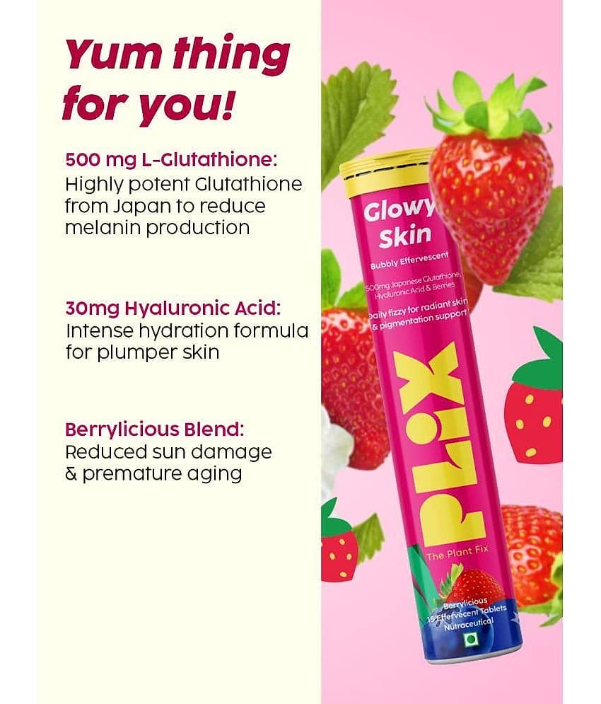 plix life glutathione Glowy Skin 500mg Supplement with Hyaluronic Acid, Vitamin C, E & Berries Plix-The Plant Fix Glutathione Tablets