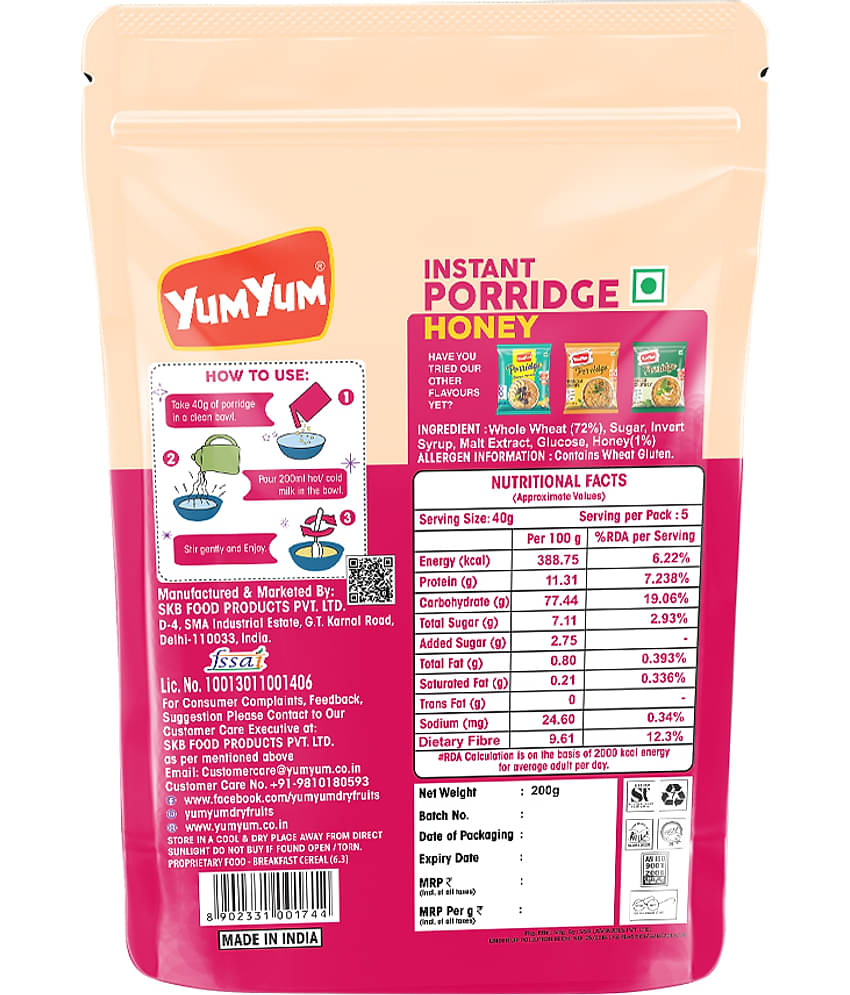 YUM YUM High Fiber Instant Roasted Porridge Honey Flavor Breakfast Cereals - 200gm