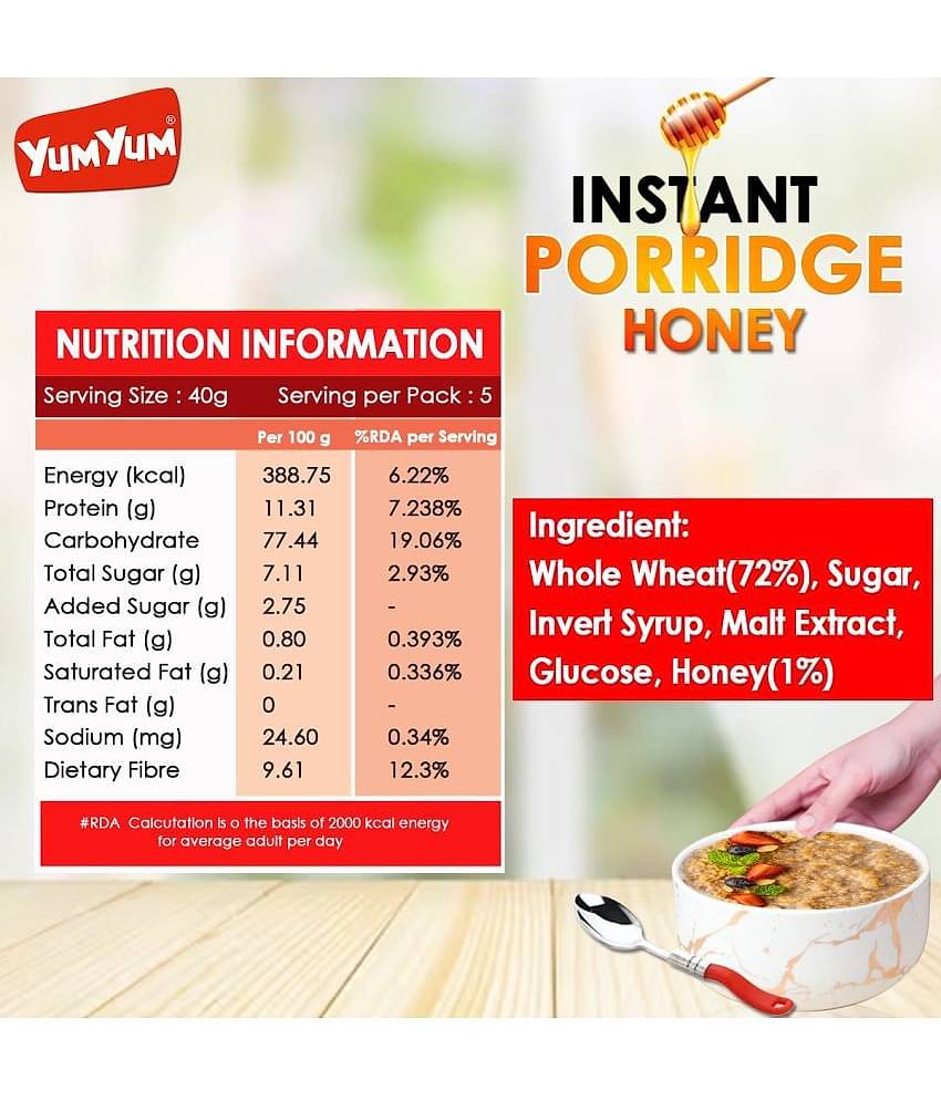 YUM YUM High Fiber Instant Roasted Porridge Honey Flavor Breakfast Cereals - 200gm