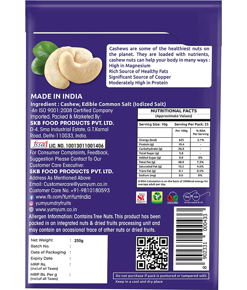 YUM YUM Roasted & Salted Cashews 250 g