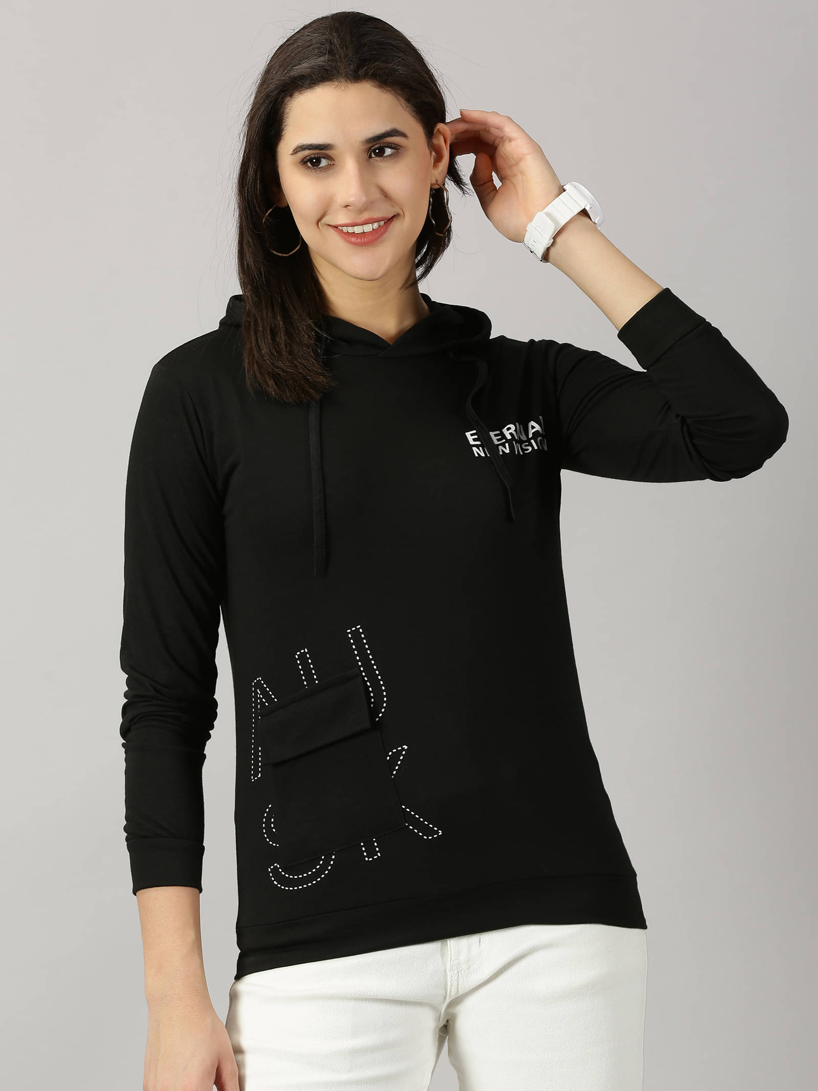 AUSK Women Cotton Blend Printed Regular Fit Hooded T-Shirt ( Black )     			AUSK Women Cotton Blend Printed Regular Fit Hooded T-Shirt ( Black )
