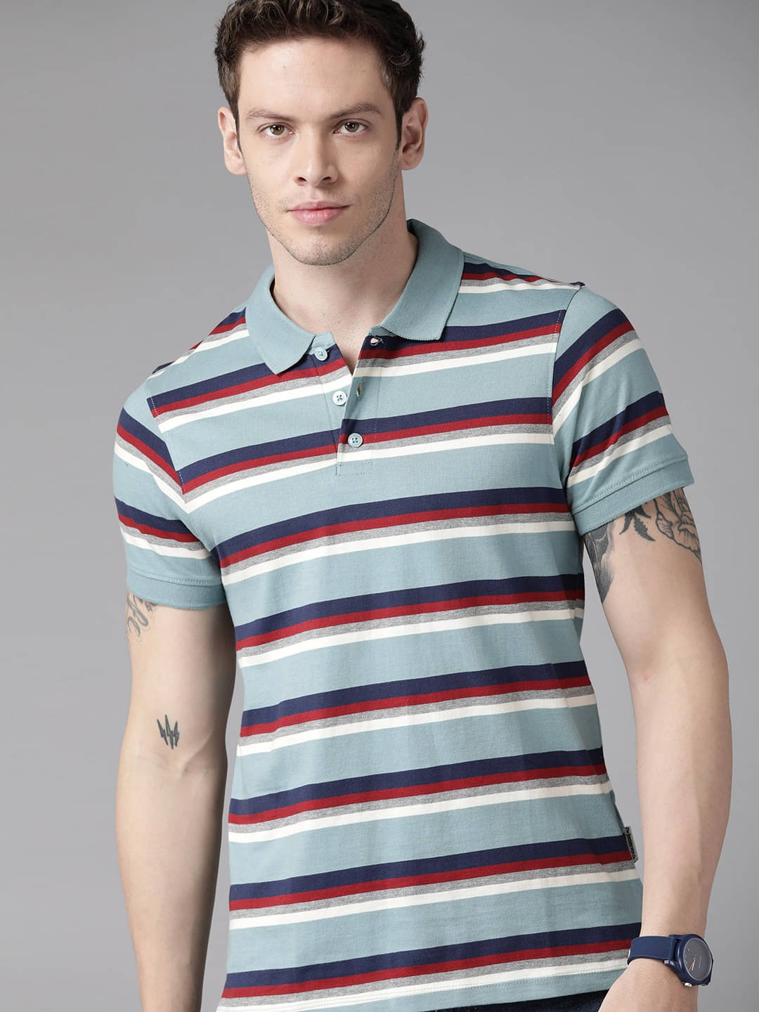 Auxamis Pack of 1 Cotton Blend Regular Fit Striped Half Sleeves Men's Polo T Shirt ( Blue ) Auxamis Pack of 1 Cotton Blend Regular Fit Striped Half Sleeves Men's Polo T Shirt ( Blue )