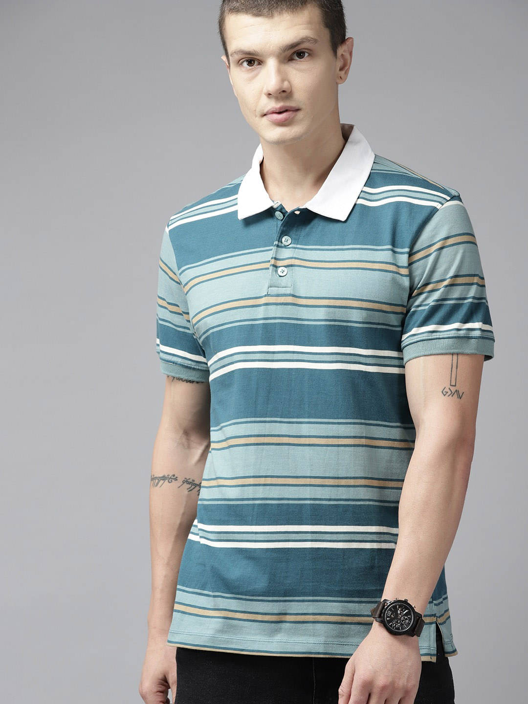     			Auxamis Pack of 1 Cotton Blend Regular Fit Striped Half Sleeves Men's Polo T Shirt ( Blue )