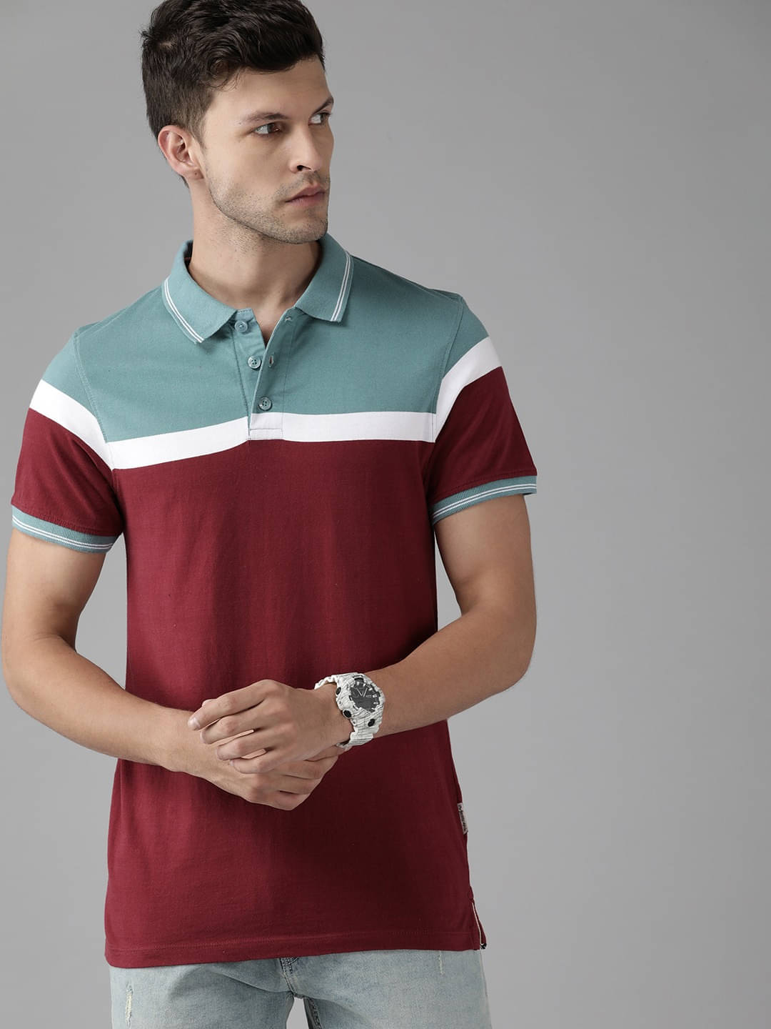 Auxamis Pack of 1 Cotton Blend Regular Fit Colorblock Half Sleeves Men's Polo T Shirt ( Maroon )     			Auxamis Pack of 1 Cotton Blend Regular Fit Colorblock Half Sleeves Men's Polo T Shirt ( Maroon )