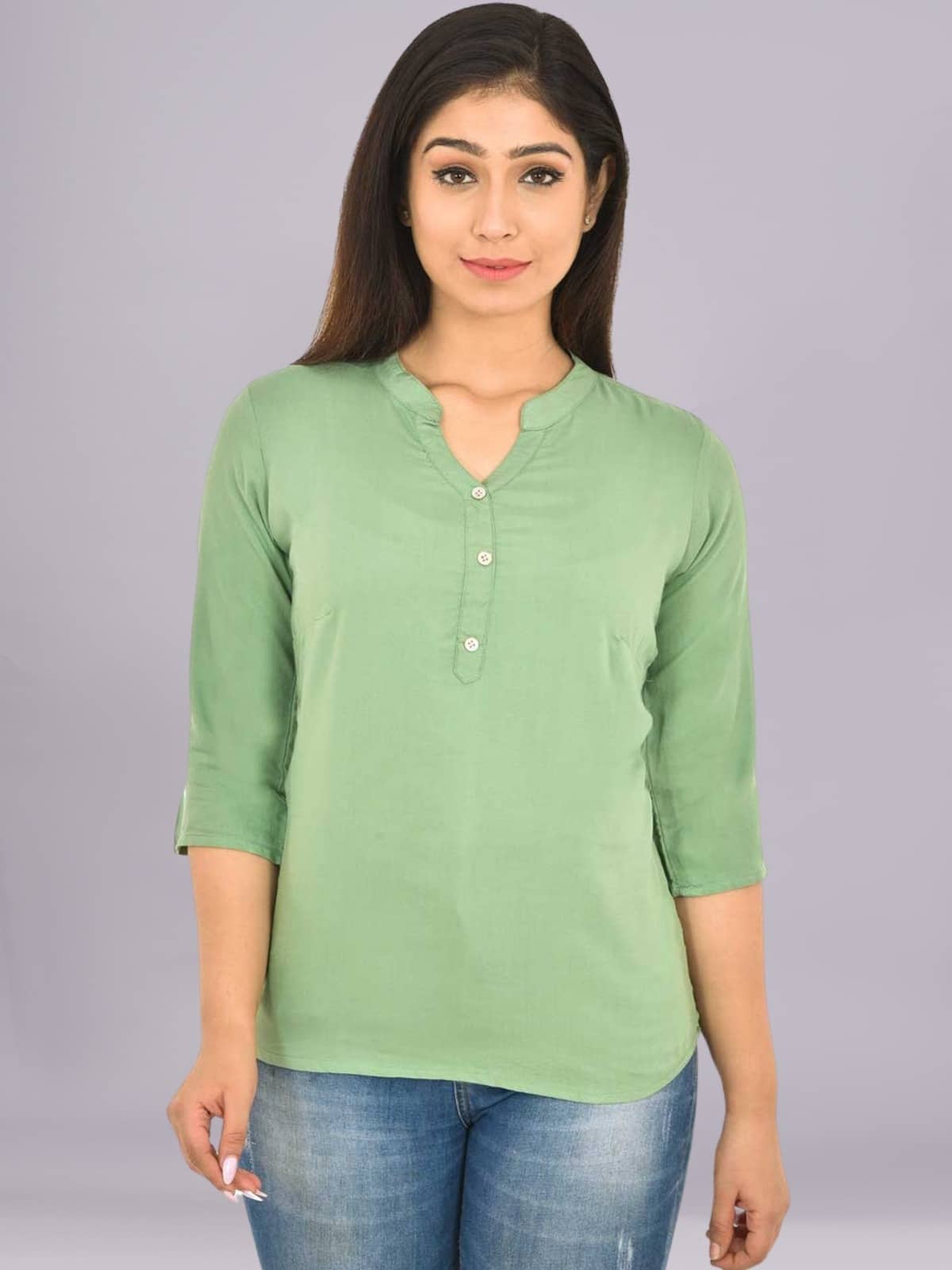 FABISHO Women Solid Rayon Shirt ( Green )