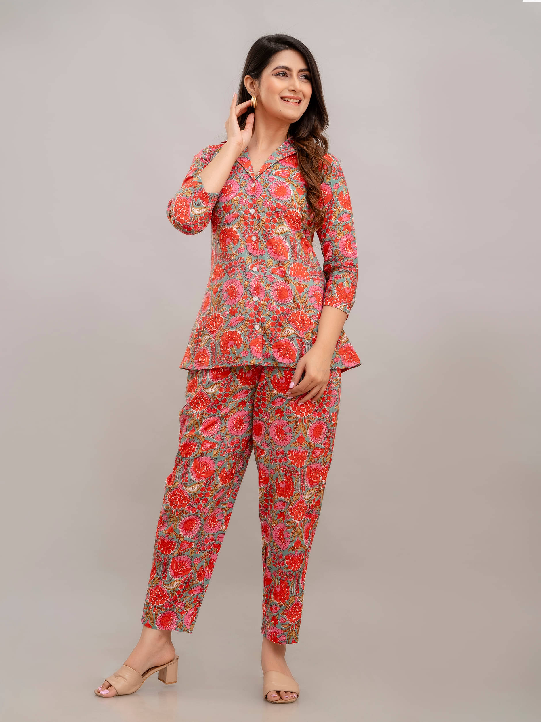     			Frionkandy Women Printed Shirt With Trousers Co-Ord Set ( Red )