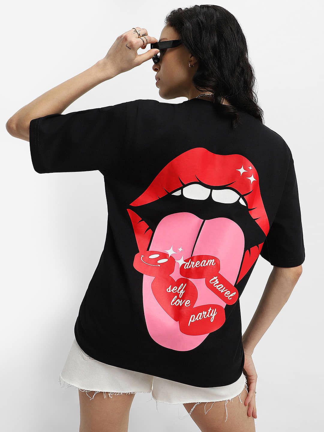 JUNEBERRY Women Cotton Printed Oversized Fit Round Neck T-Shirt ( Black )