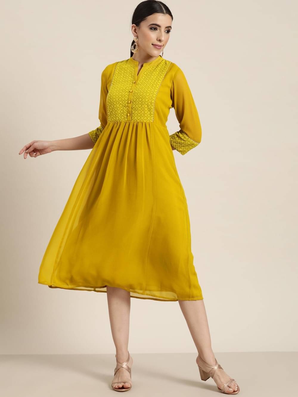 Juniper Georgette Embroidered Midi Women's Fit & Flare Dress - Mustard ( Pack of 1 ) Juniper Georgette Embroidered Midi Women's Fit & Flare Dress - Mustard ( Pack of 1 )