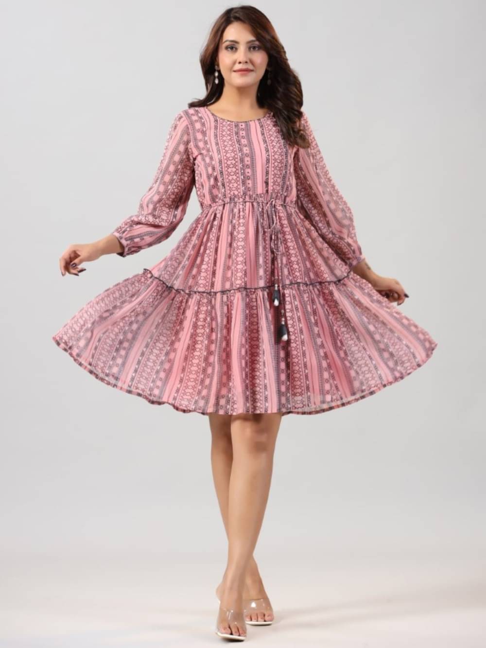     			Juniper Georgette Printed Knee Length Women's Fit & Flare Dress - Peach ( Pack of 1 )