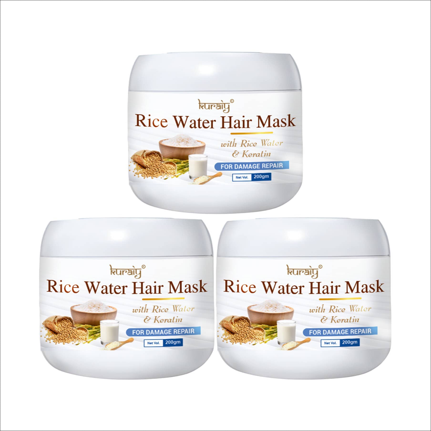 KURAIY Rice Water Hair Mask With Rice Water & Keratin For Damage Repair 200g Pack Of 3