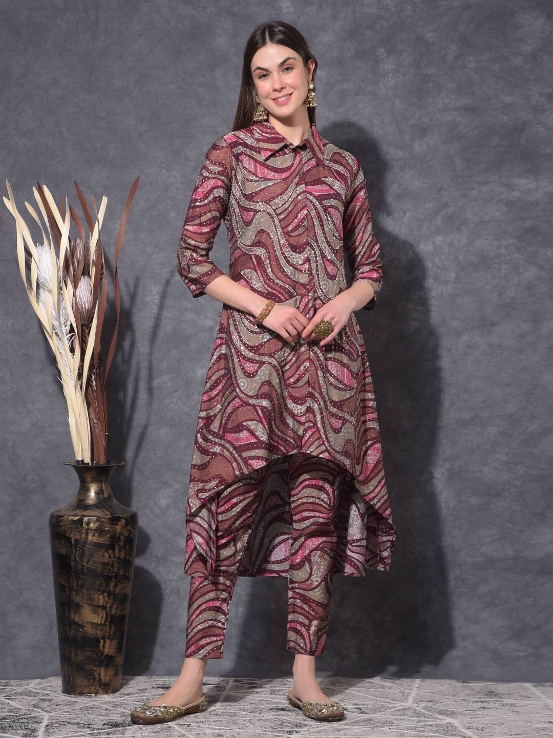     			Mamoose Chanderi Printed Kurti With Pants Women's Stitched Salwar Suit - Maroon ( Pack of 1 )