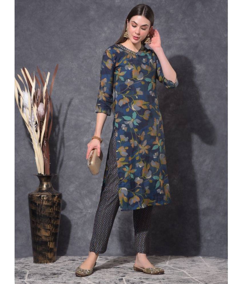 Mamoose Chanderi Printed Kurti With Pants Women's Stitched Salwar Suit - Blue ( Pack of 1 ) Mamoose Chanderi Printed Kurti With Pants Women's Stitched Salwar Suit - Blue ( Pack of 1 )